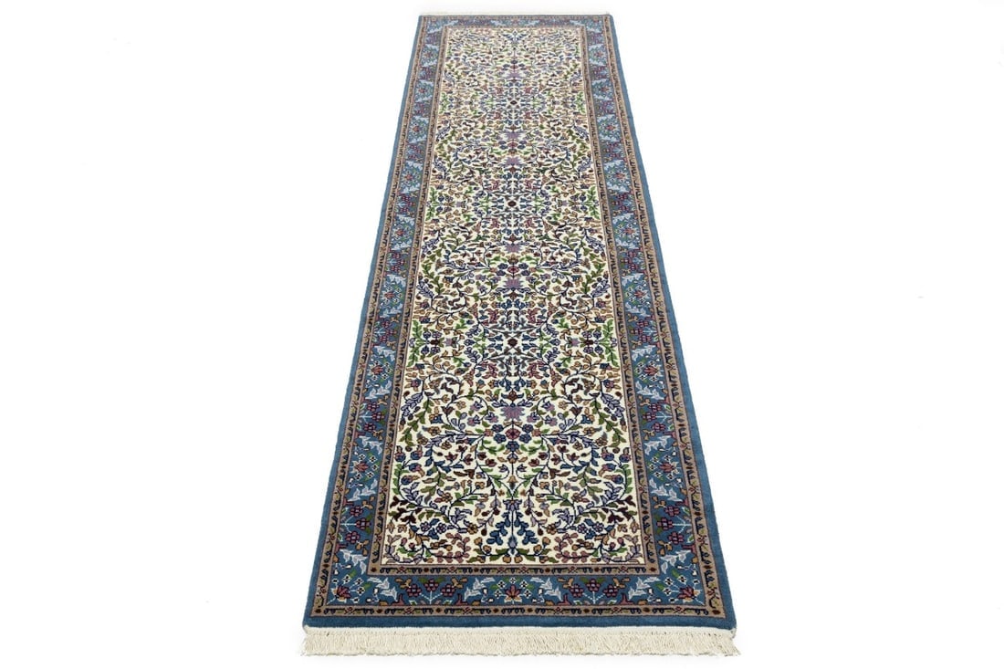 Cream & Blue Floral 3X10 Kirman Oriental Runner Rug - 4