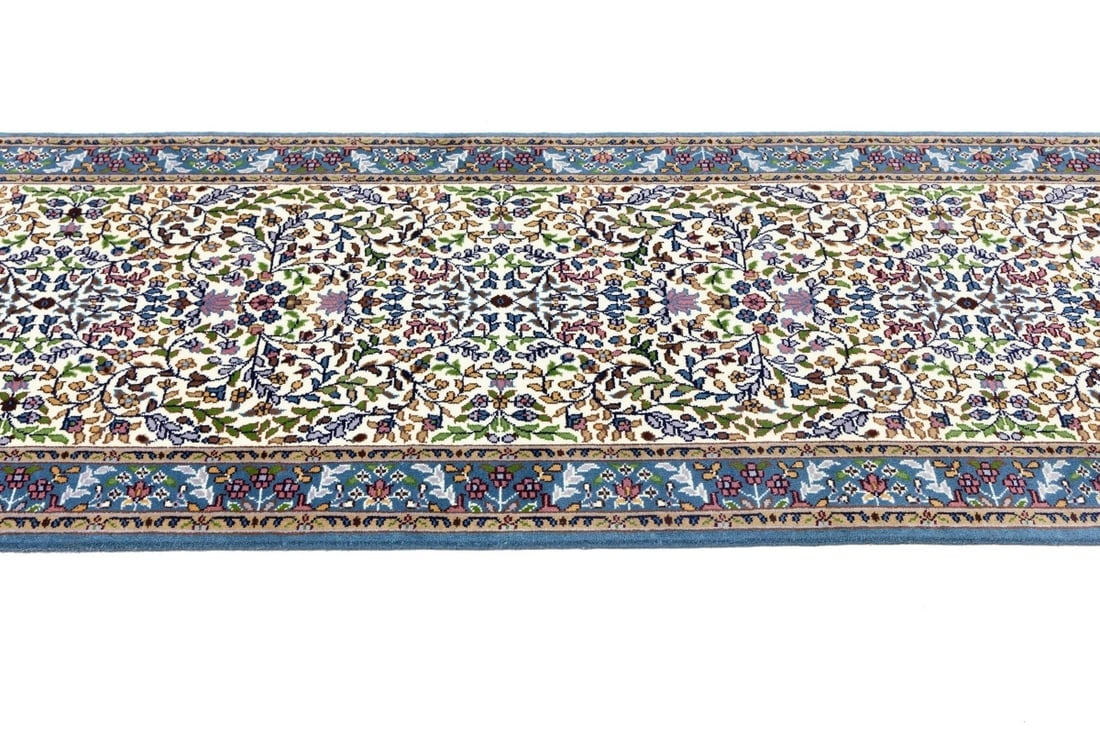 Cream & Blue Floral 3X10 Kirman Oriental Runner Rug - 7