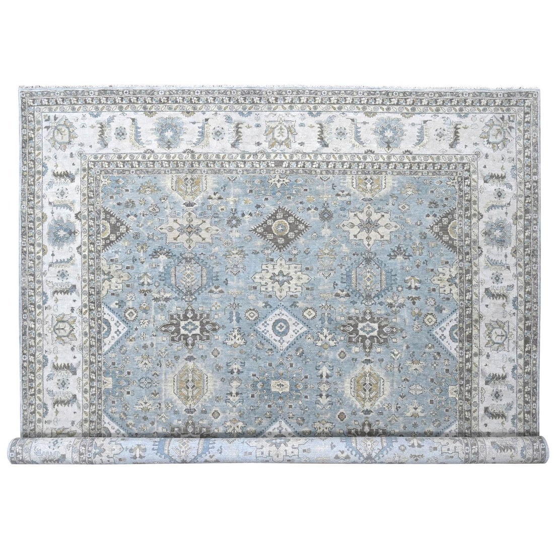 Gray Hand Knotted Karajeh Design with Tribal Medallions Pure Wool Rug: Title: Gray Hand Knotted Karajeh Design with Tribal Medallions Pure Wool Rug Description:This is a truly genuine one-of-a-kind. It has been Knotted for months and months in the centuries-old weaving c