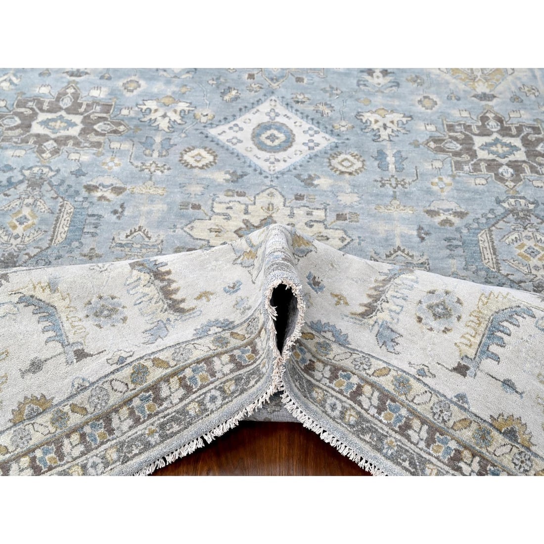 Gray Hand Knotted Karajeh Design with Tribal Medallions Pure Wool Rug - 5