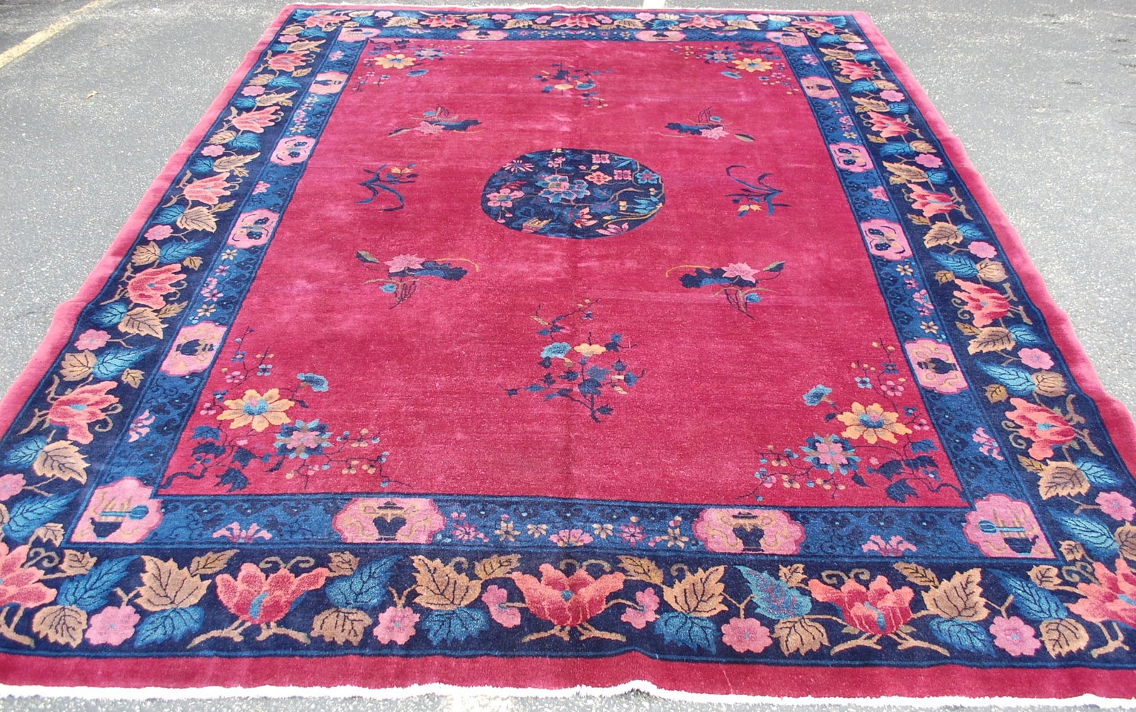 CHINESE NICHOLS RUG 9' x 11'6": Title:CHINESE NICHOLS RUG 9' x 11'6" Description:ANTIQUE ESTATE TREASURE ART DECO WALTER NICHOLS CHINESE RUG Circa 1920's with exact size of 9' x 11'6" ....Chinese Garden design with Burgundy Red
