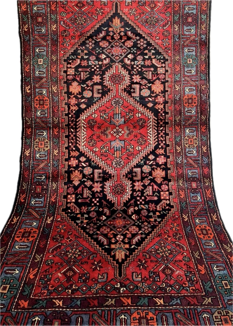 Hand Knotted Wool Persian Zanjan Tribal Oriental Rug 4'11" x 8'8" Navy Red - 12
