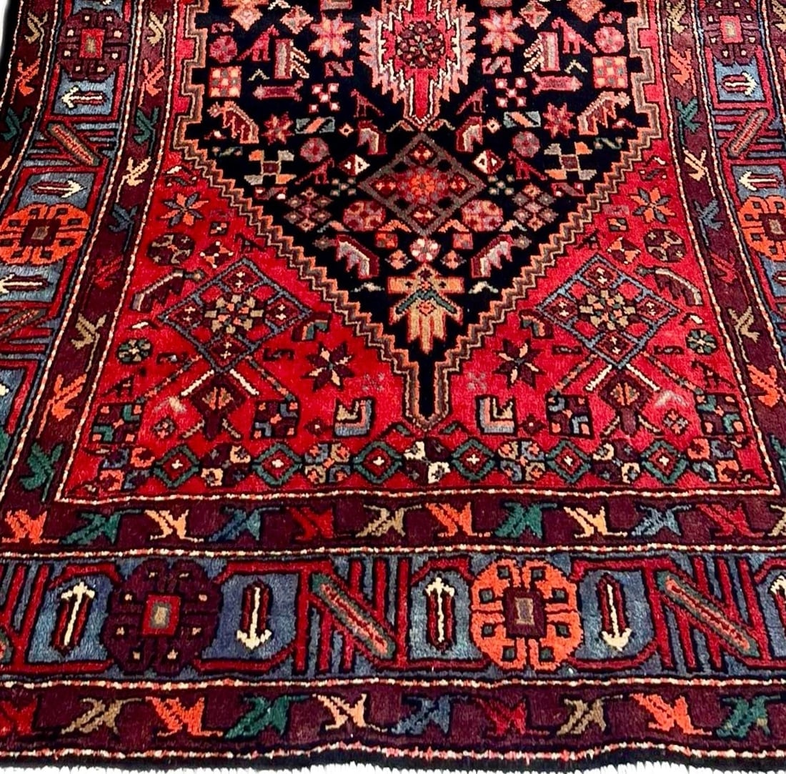 Hand Knotted Wool Persian Zanjan Tribal Oriental Rug 4'11" x 8'8" Navy Red - 16