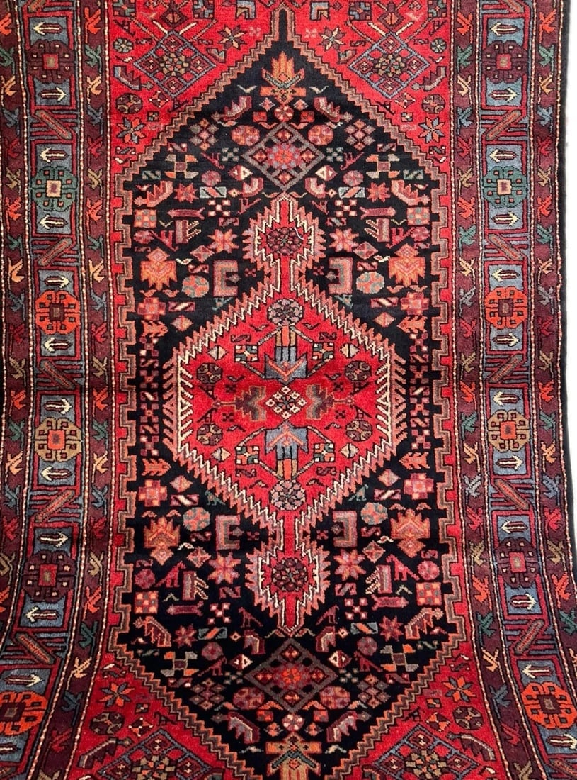 Hand Knotted Wool Persian Zanjan Tribal Oriental Rug 4'11" x 8'8" Navy Red - 3