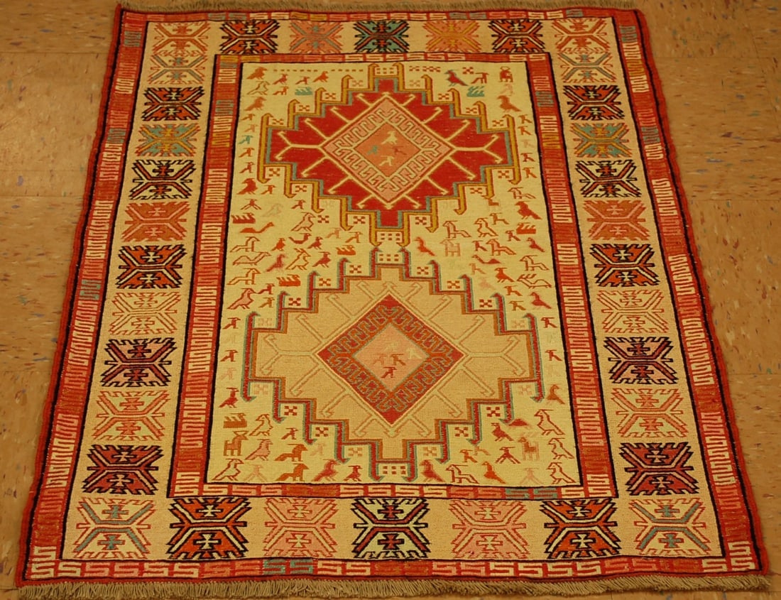 CAUCASIAN SOUMAK KILIM RUG 2'6" x3'4": Title: CAUCASIAN SOUMAK KILIM RUG 2'6" x3'4"Description:OLD,ANTIQUE EXCLUSIVE VEGETABLE DYE HIGH KPSI HIGHLY DETAILED WITH MANY SMALL NIMAL SUBJECTS ULTRA RARE SILK CAUCASIAN SOUMAK or SUMAKH KILIM