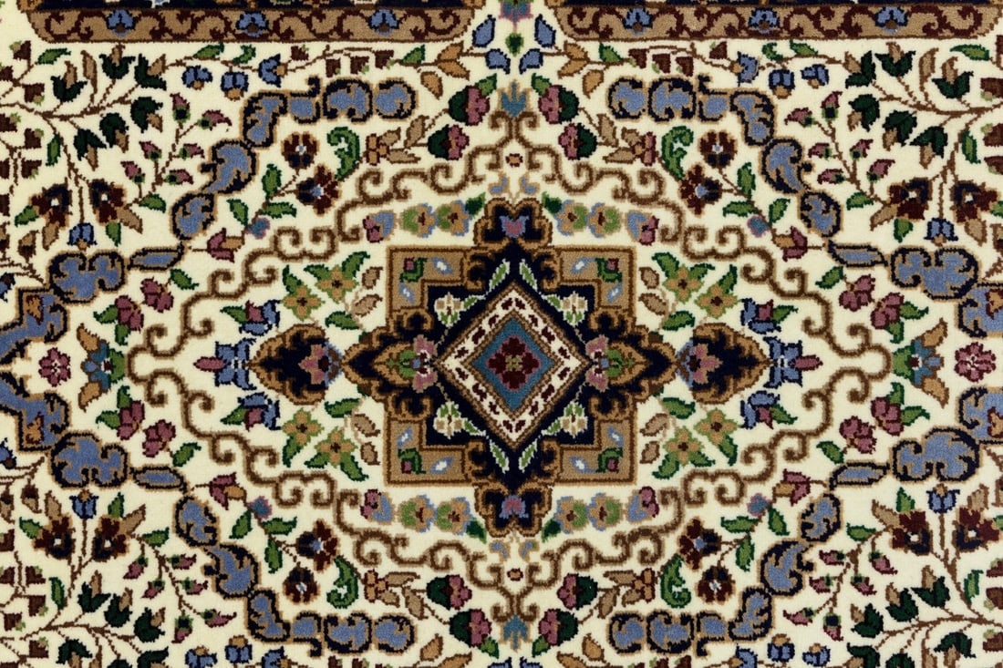 Cream & Navy Floral 3X10 Kirman Oriental Runner Rug - 10