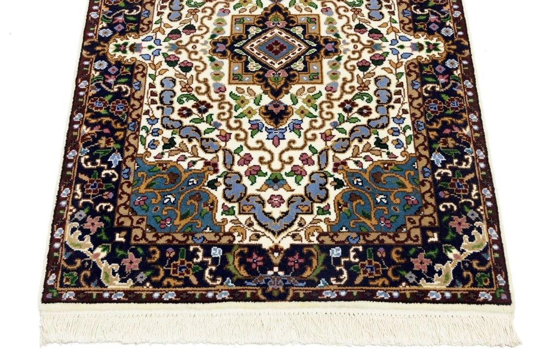 Cream & Navy Floral 3X10 Kirman Oriental Runner Rug - 11