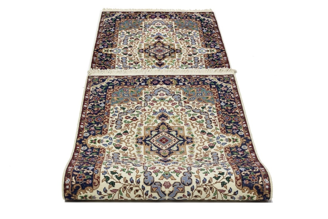 Cream & Navy Floral 3X10 Kirman Oriental Runner Rug - 15