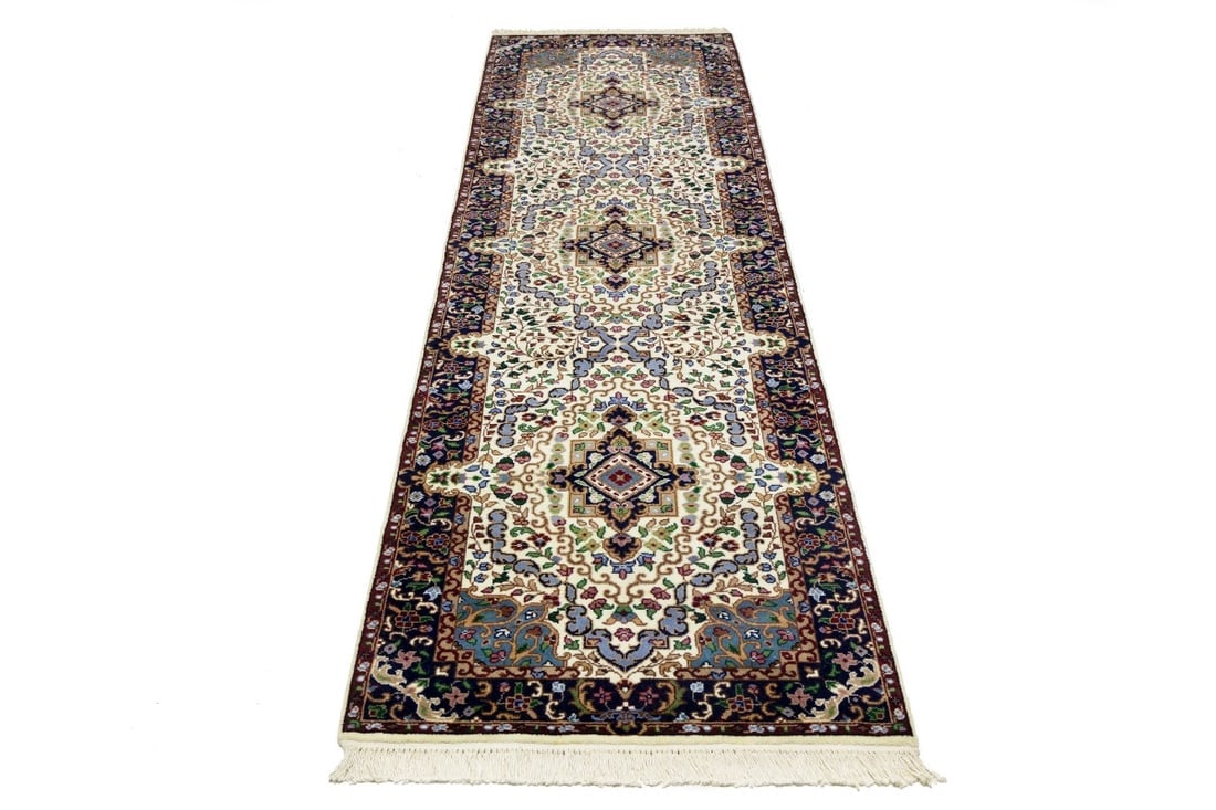 Cream & Navy Floral 3X10 Kirman Oriental Runner Rug - 5