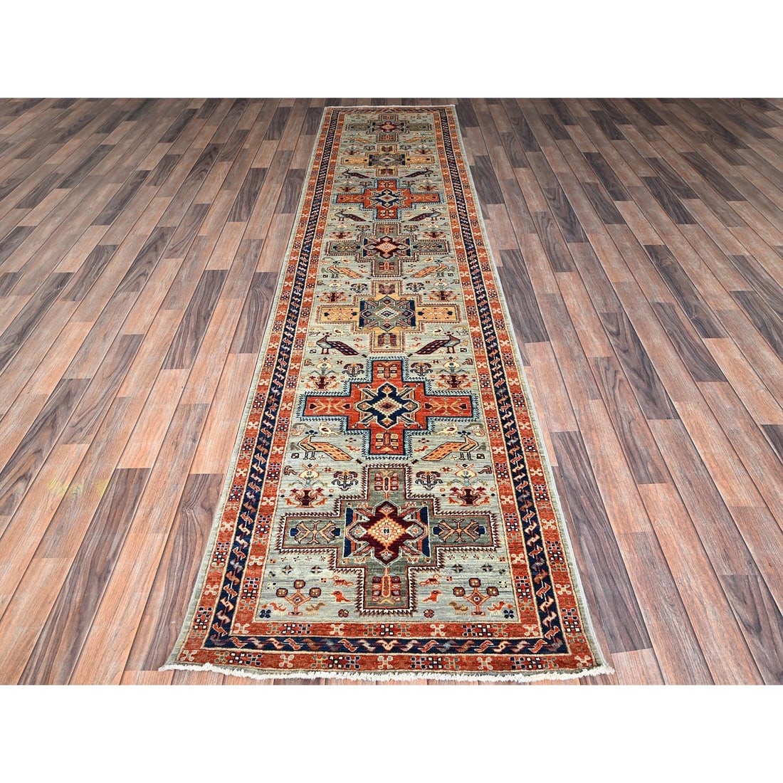 Gray Armenian Inspired Caucasian Design Hand Knotted Wool Runner Rug - 2