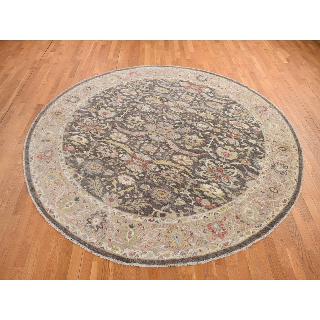 Brindle Gray Hand Knotted Velvety Wool Aryana Heriz Round Oriental Rug - 2