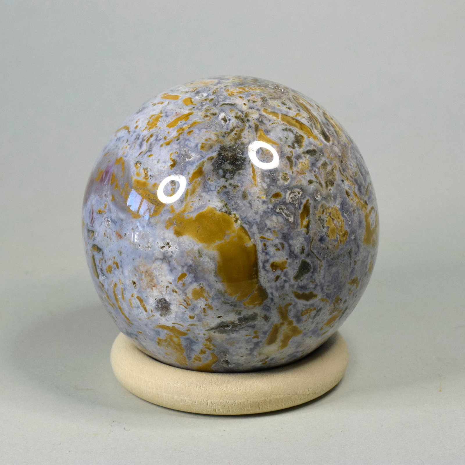 6.8 cm Polished Ocean Jasper sphere: Title: 6.8 cm Polished Ocean Jasper sphereOrigin: MadagascarSize: 6.8 cm diameterDescription: Species: Jasper (Ocean Jasper) Locality: Madagascar Diameter: 6.8 cm Weight: 0.42 kg Fine polished