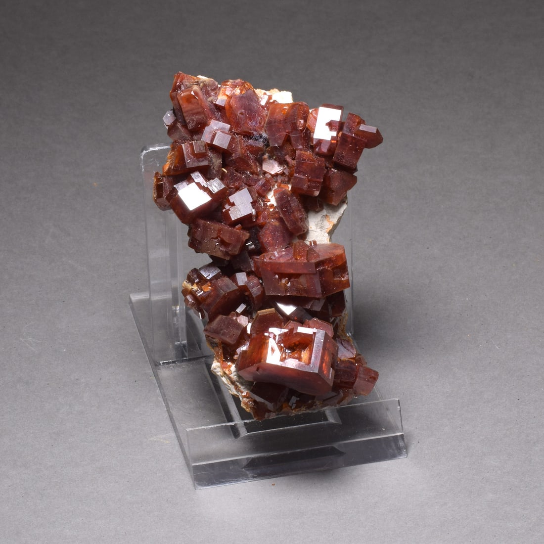 Superb Vanadinite Crystals on matrix: Title: Superb Vanadinite Crystals on matrix Origin: Morocco Size: 6.5 x 4 x 2 cm Description: Beautiful vanadinite with very shiny red crystals. From the 2019 find. 91 g Reserve: $200.00 Shipping: Dom