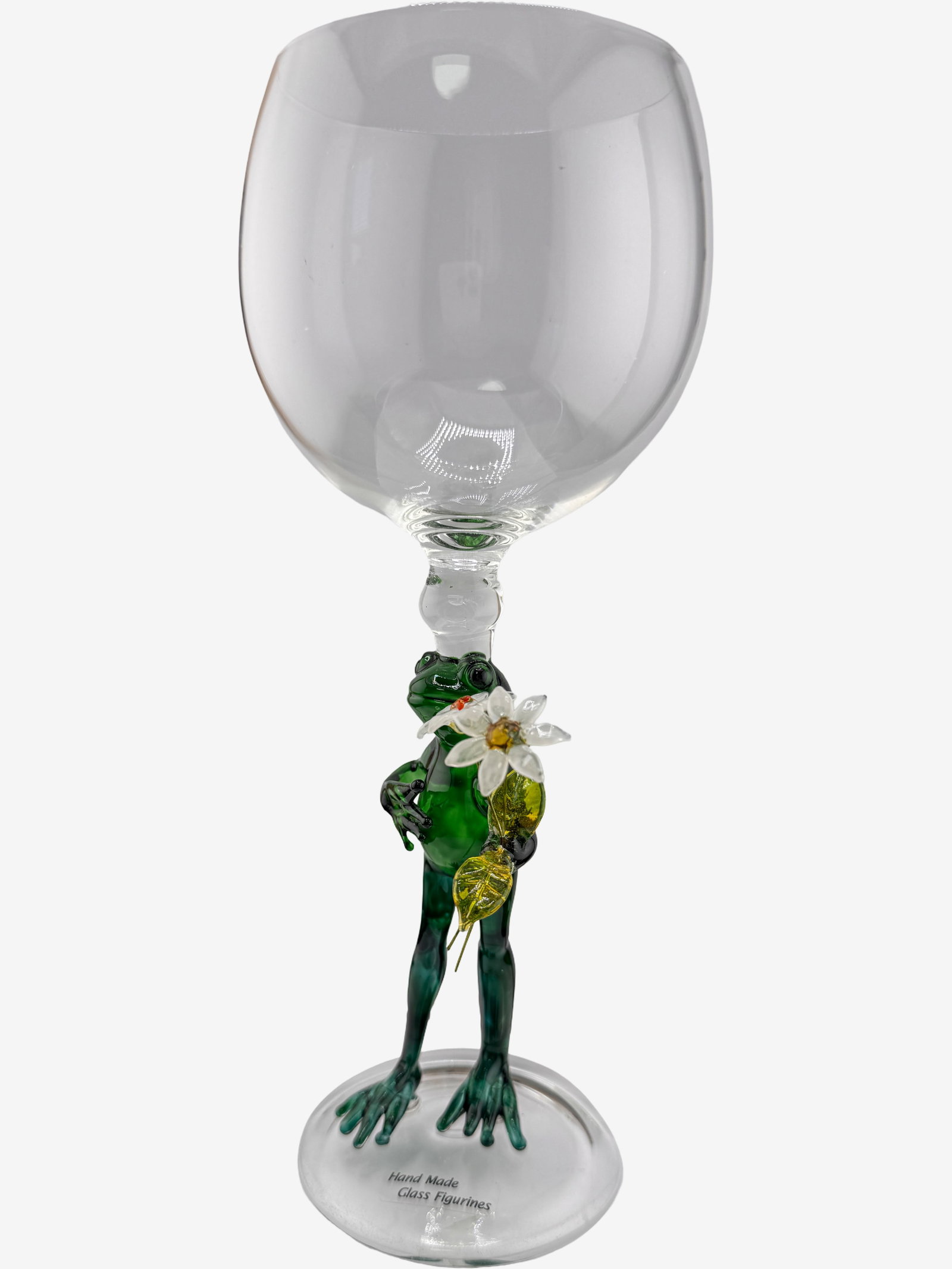 Hand-Blown Art Glass Wine Goblet with Frog Figurine - 3