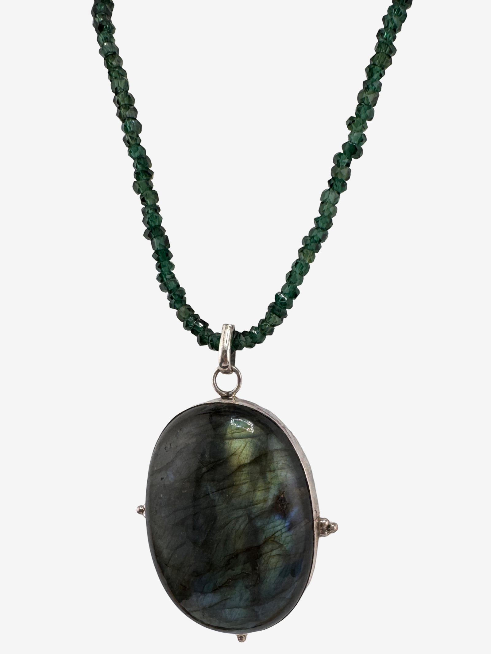 Labradorite and Bead Necklace with Sterling Silver 39.3g (incl. stones): A striking necklace featuring an oval-shaped labradorite cabochon set in sterling silver, suspended from a strand of faceted emerald colored beads. The labradorite exhibits vibrant iridescence
