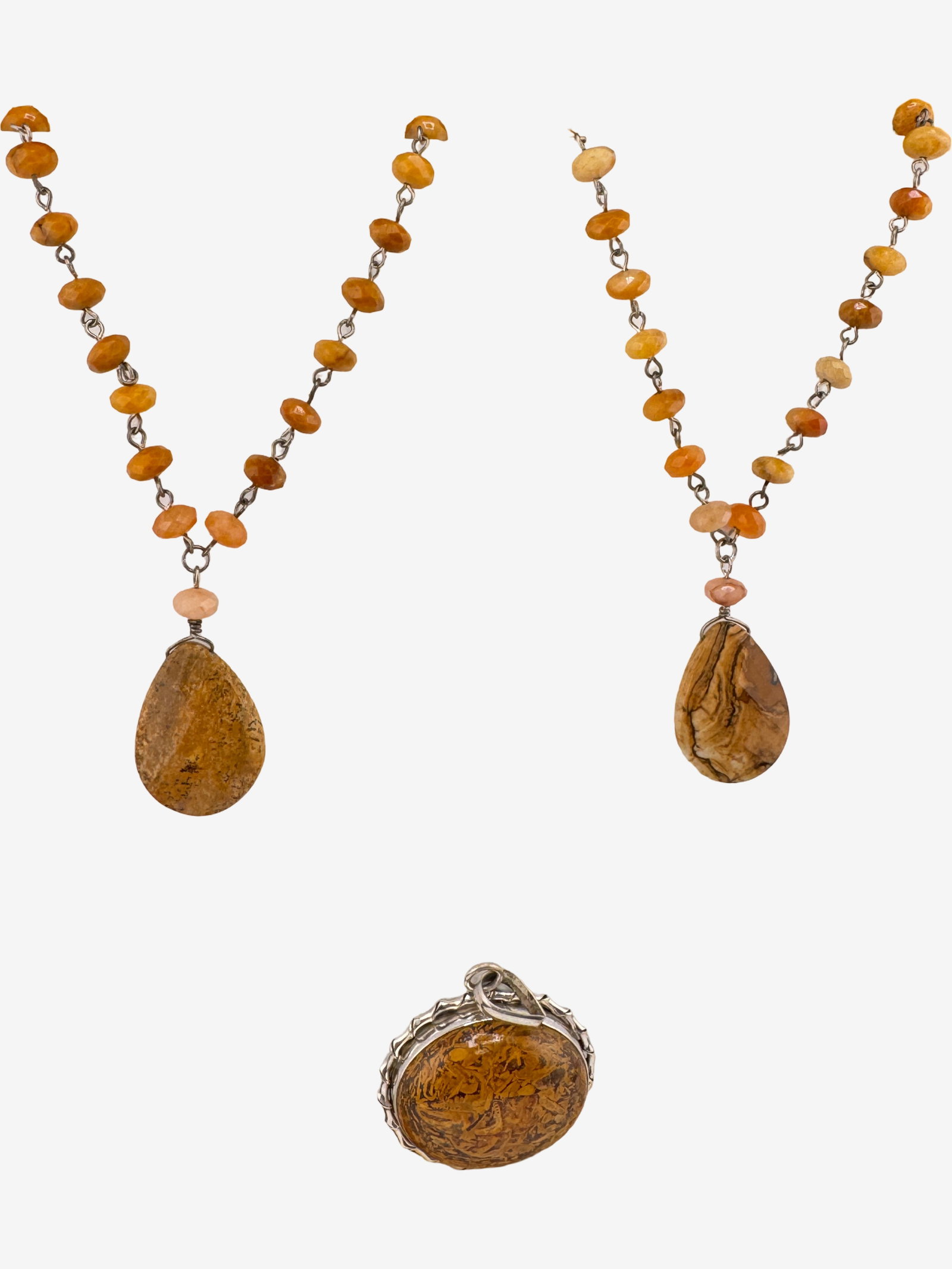 Set of two Carved Jasper and Agate Beaded Necklaces with Sterling Silver Pendant 23.10g (incl. - 2