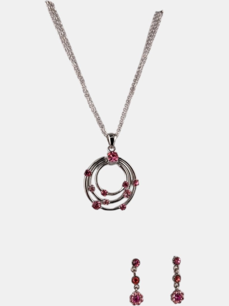 Pink Gemstone Silver Tone Necklace and Earring Set - 2