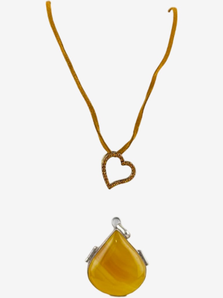 Two Decorative Pendants: A Rhinestone Heart Pendant on Cord and a Sterling Silver Yellow Agate - 2