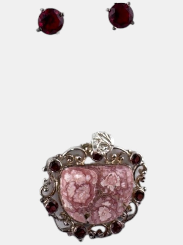 Sterling Silver Rhodochrosite and Garnet Pendant with Garnet Stud Earrings 18.82g (incl. stones) - 3