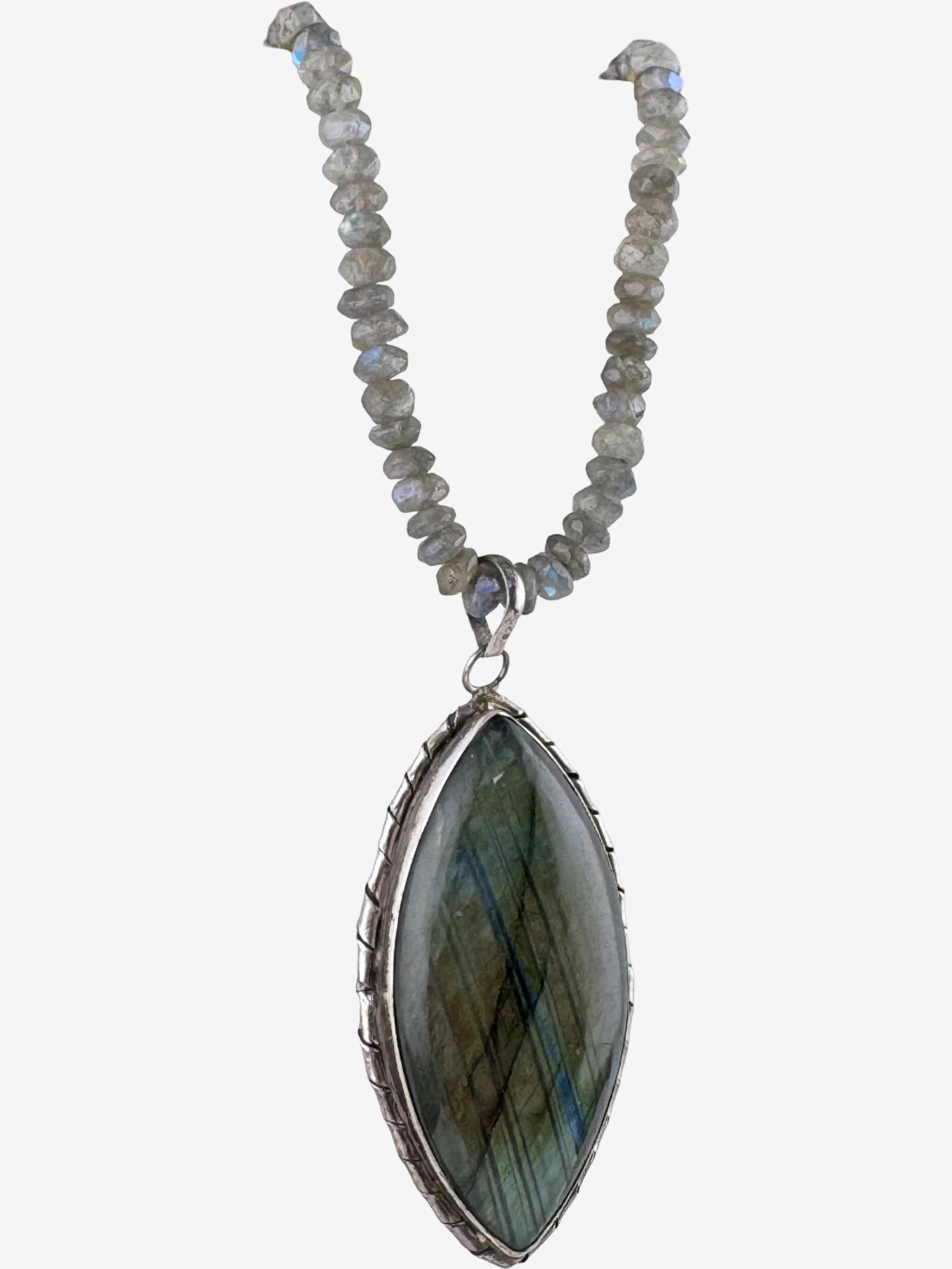 Sterling Silver Beaded Necklace with Marquee Pendant 38.87g (incl. stone) - 3