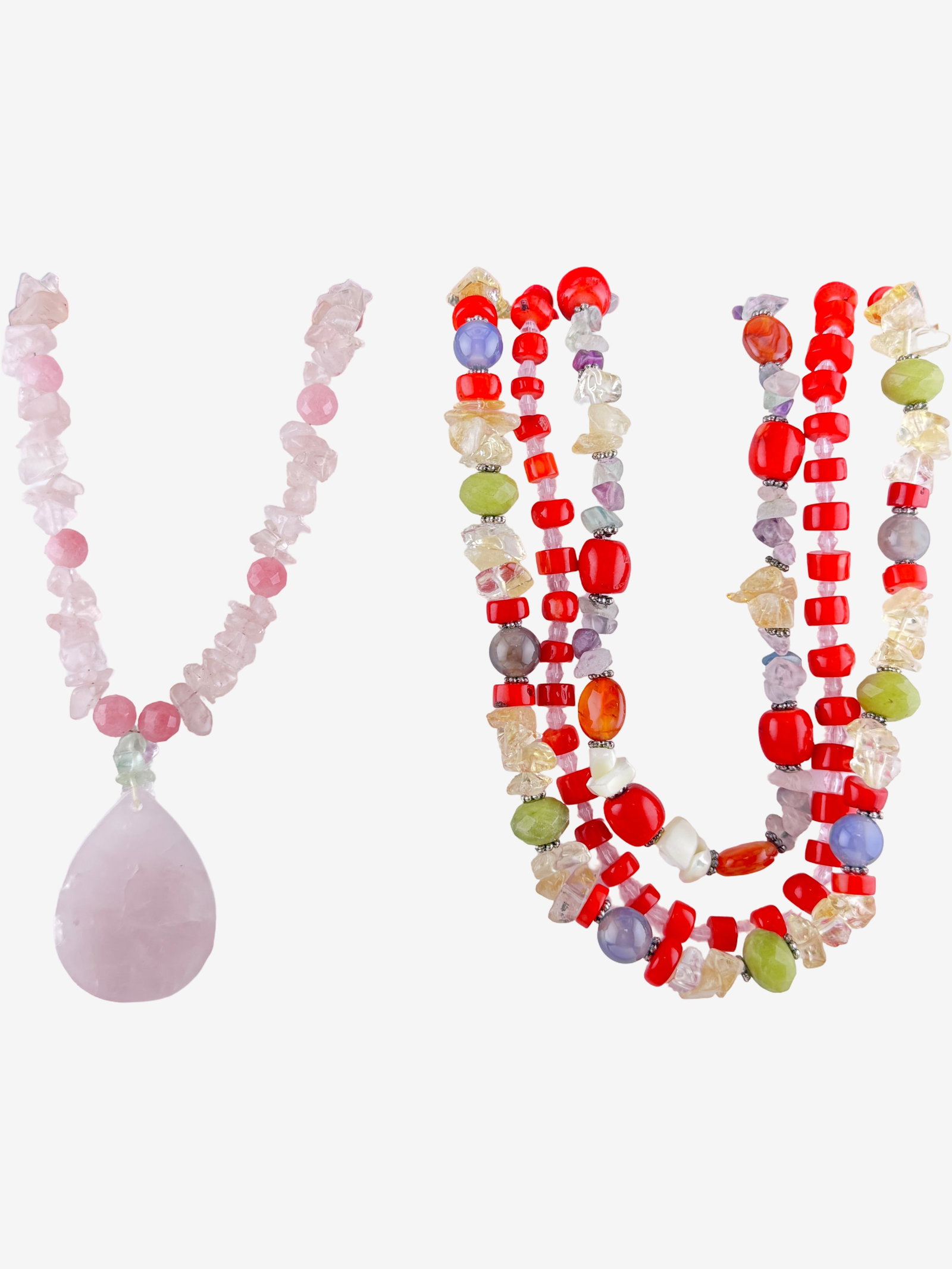 Vintage Rose Quartz Teardrop Pendant Necklace & Multi-Stone Beaded Necklace Ð 14Ó &16Ó: Attractive vintage costume jewelry set featuring two distinct necklaces with natural stone appeal and vibrant color contrast. The first necklace showcases a soft pink rose quartz chip bead strand acce