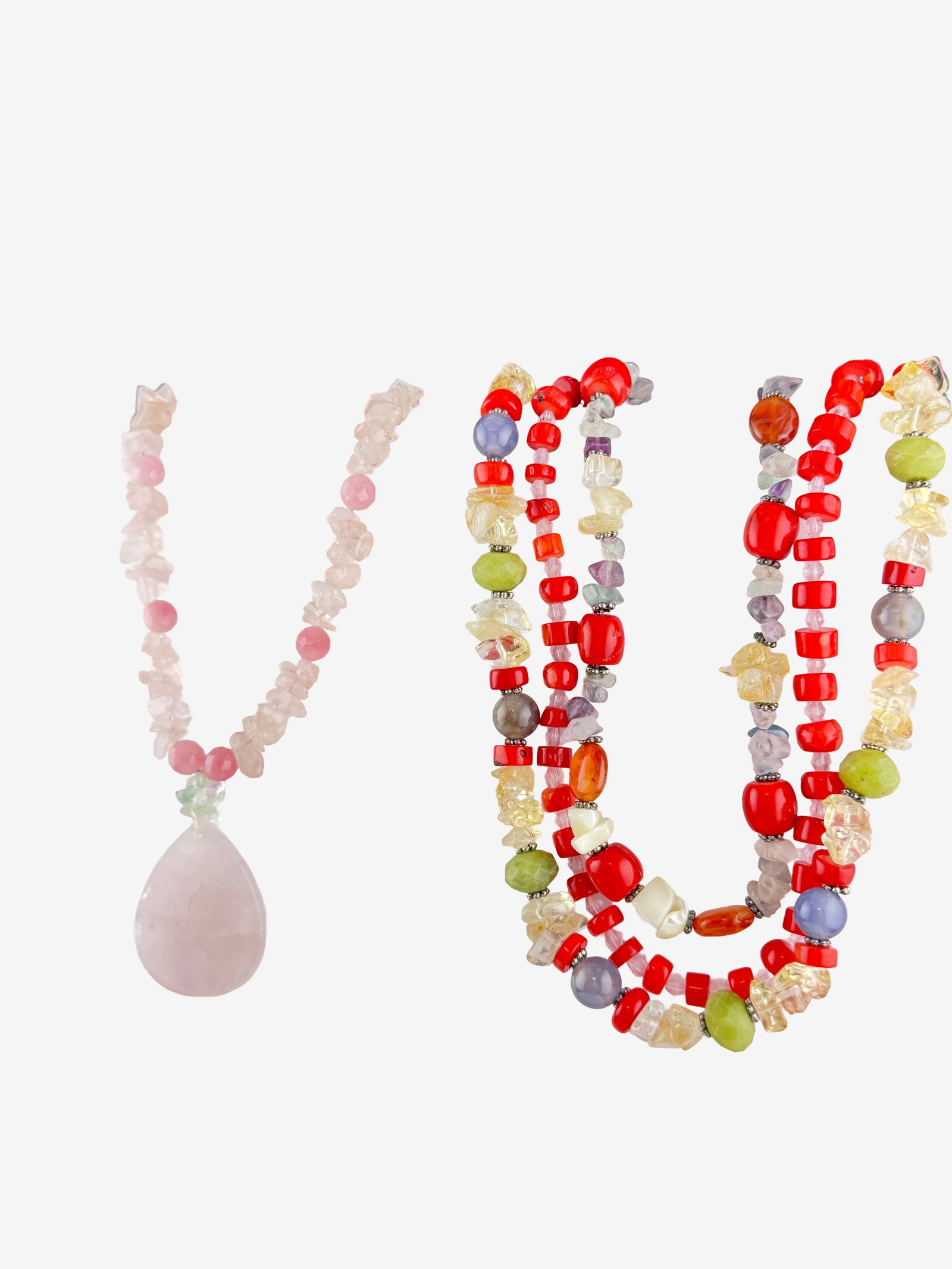 Vintage Rose Quartz Teardrop Pendant Necklace & Multi-Stone Beaded Necklace Ð 14Ó &16Ó - 2