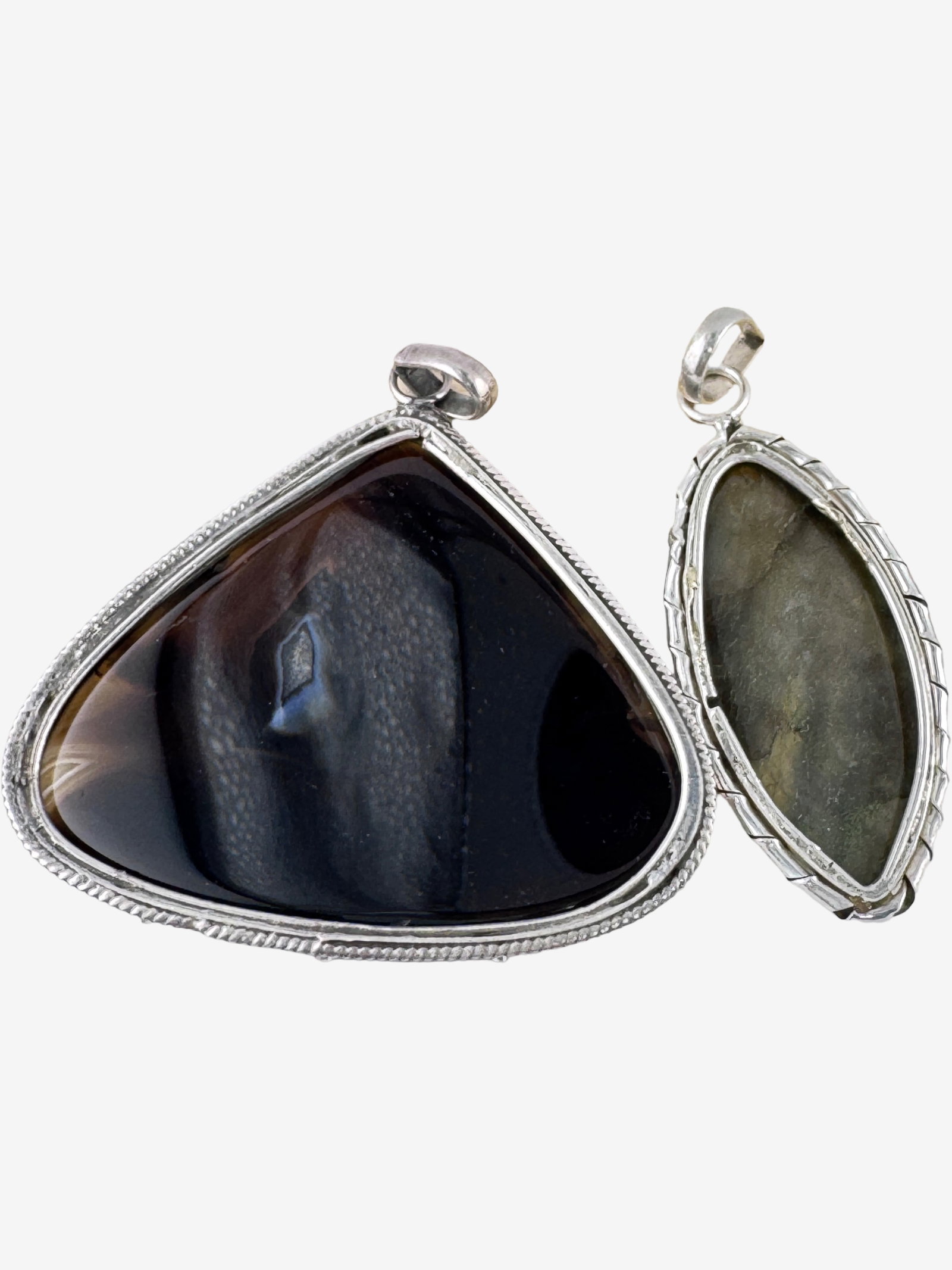 Large Vintage Sterling Silver Agate Pendant Pair Ð Bold Statement Cabochons Ð 2Ó & - 2