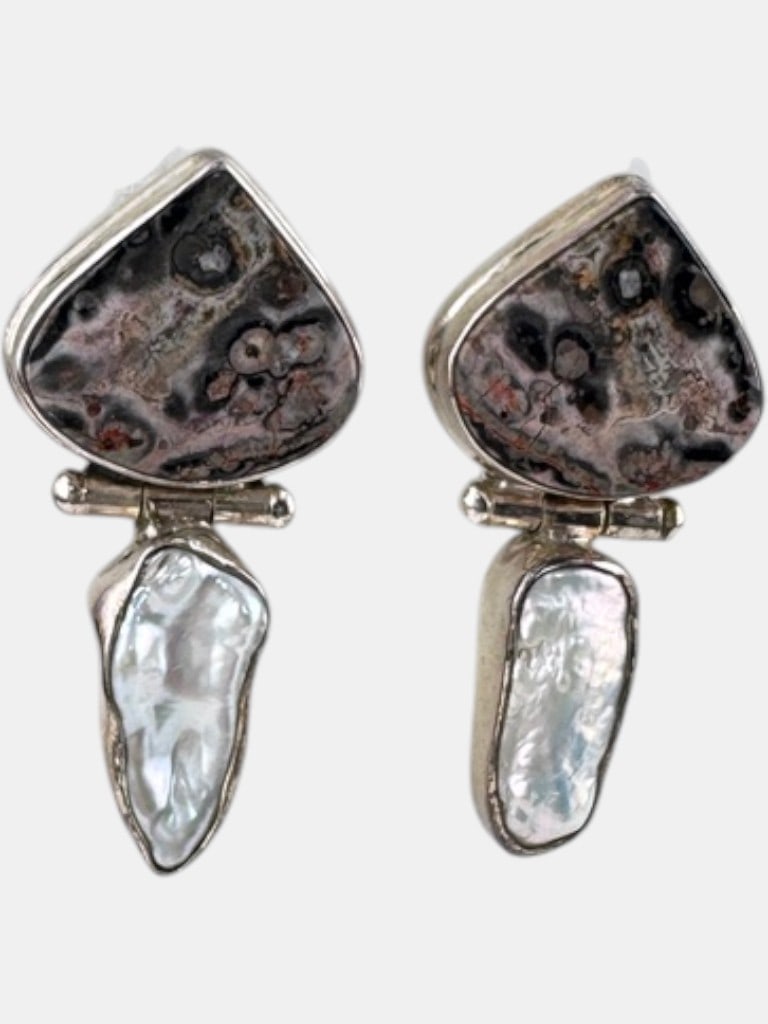 Vintage Sterling Silver Tested Stone & Pearl Dangle Earrings Ð Large 2.25Ó Statement Pair (1 of 4)