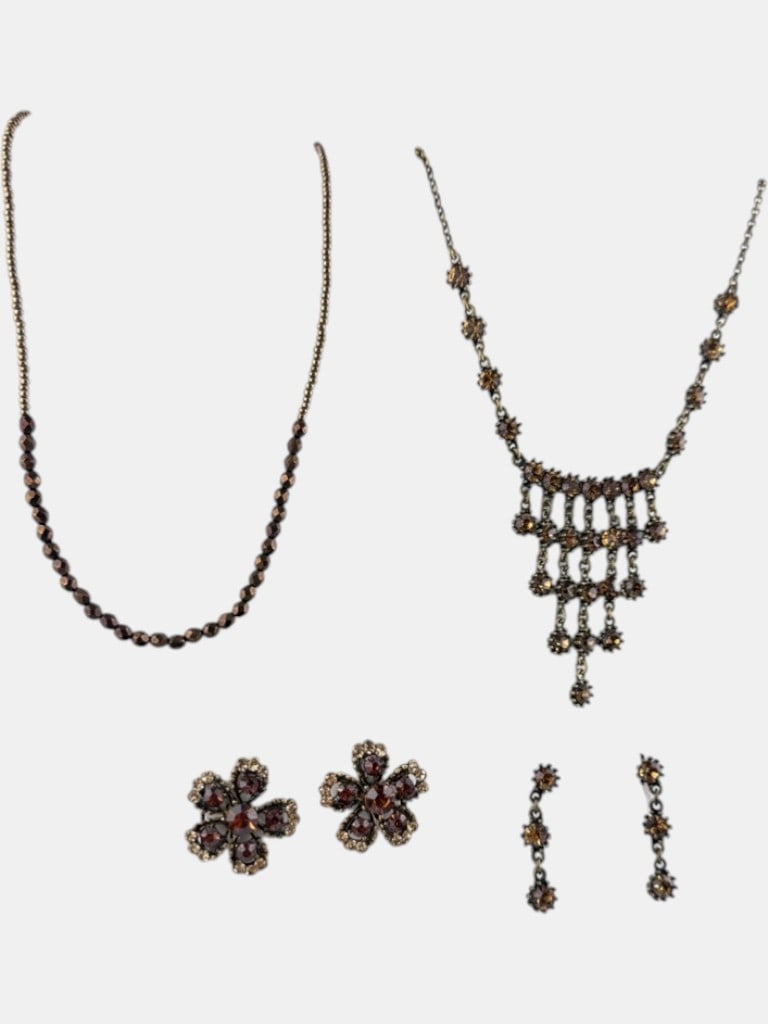 Vintage Amber Rhinestone Jewelry Set Necklace Earrings Ð Floral Motif Statement Fringe Bib - 3