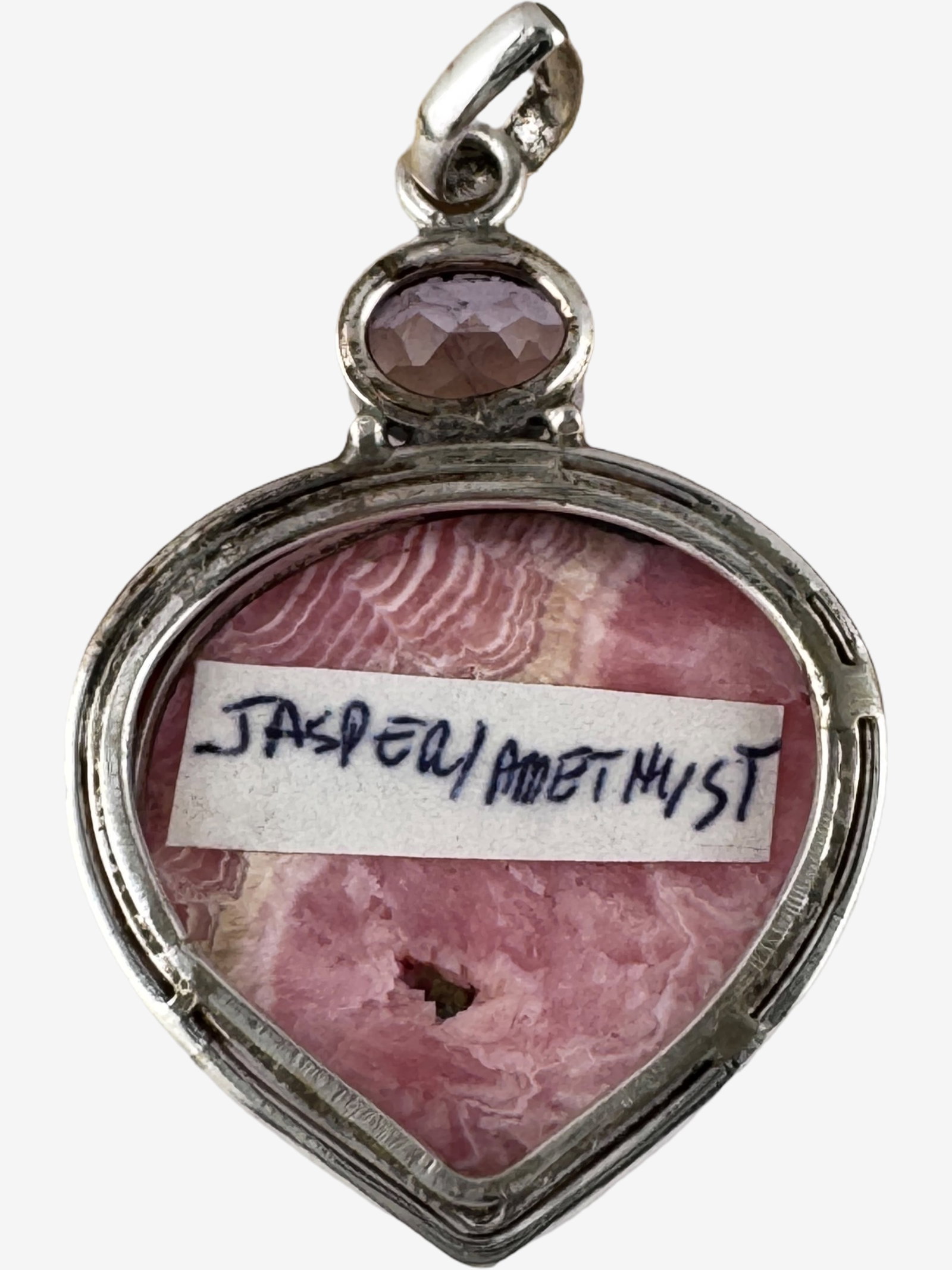 Vintage Sterling Silver Rhodochrosite Heart Pendant with Amethyst Accent Ð Large 1.5Ó - 4