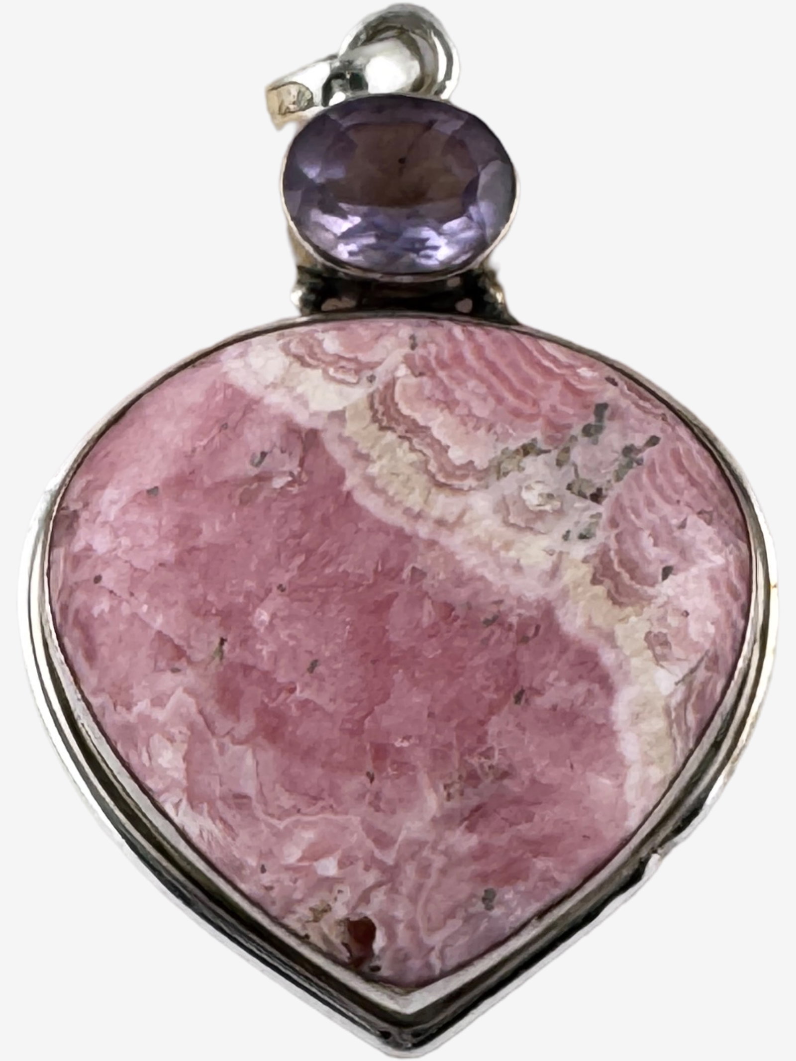 Vintage Sterling Silver Rhodochrosite Heart Pendant with Amethyst Accent Ð Large 1.5Ó - 5