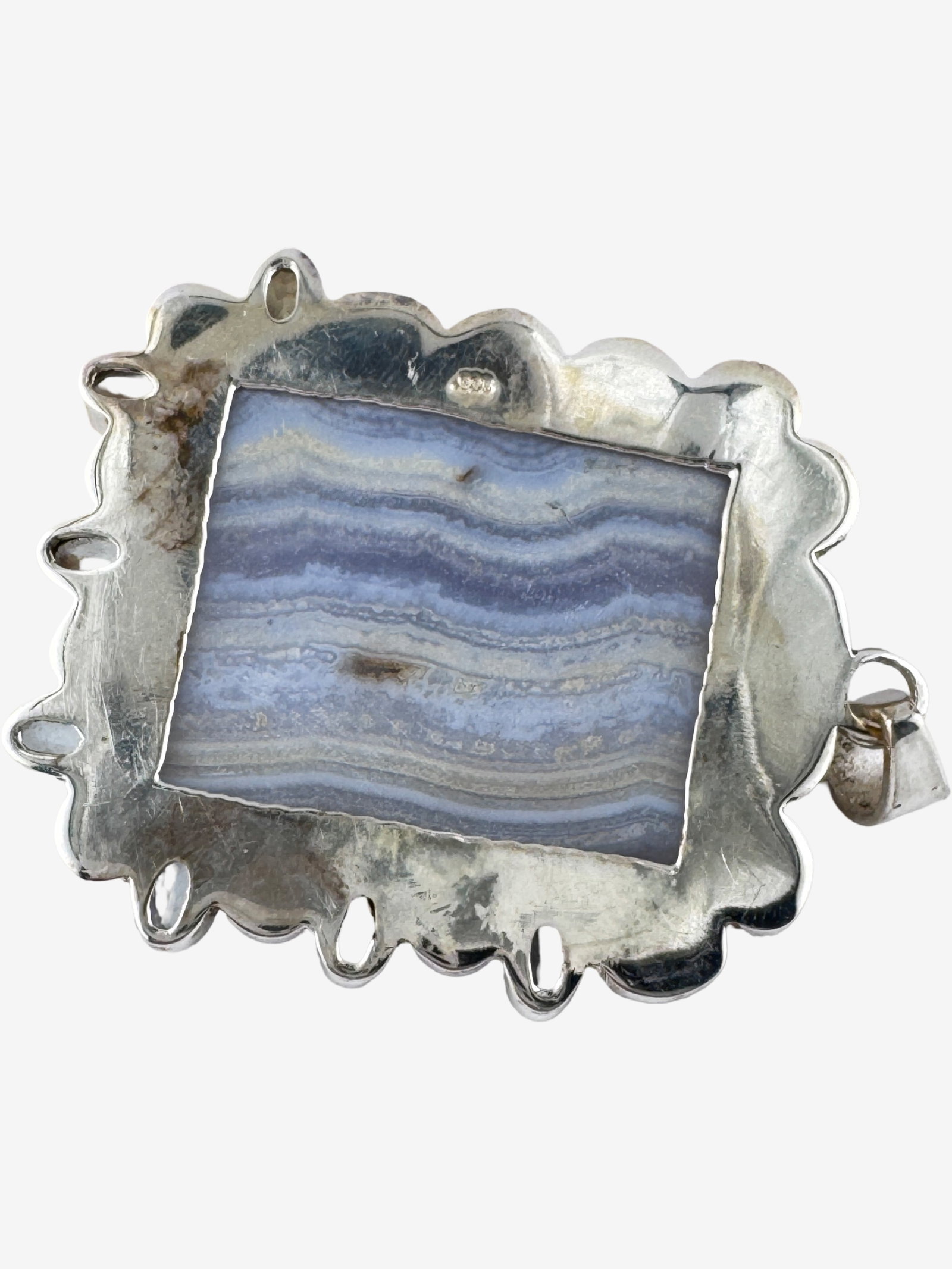 Vintage Sterling Silver Blue Lace Agate Pendant w/ Blue Stone Accents Ð Ornate Statement Piece - 4