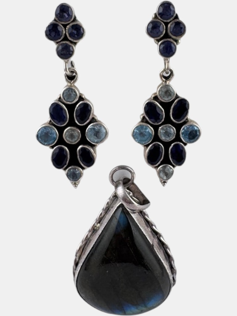 Vintage Sterling Silver Blue Stone Jewelry Set Ð Dangle Earrings & Teardrop Pendant 1.5Ó - 2