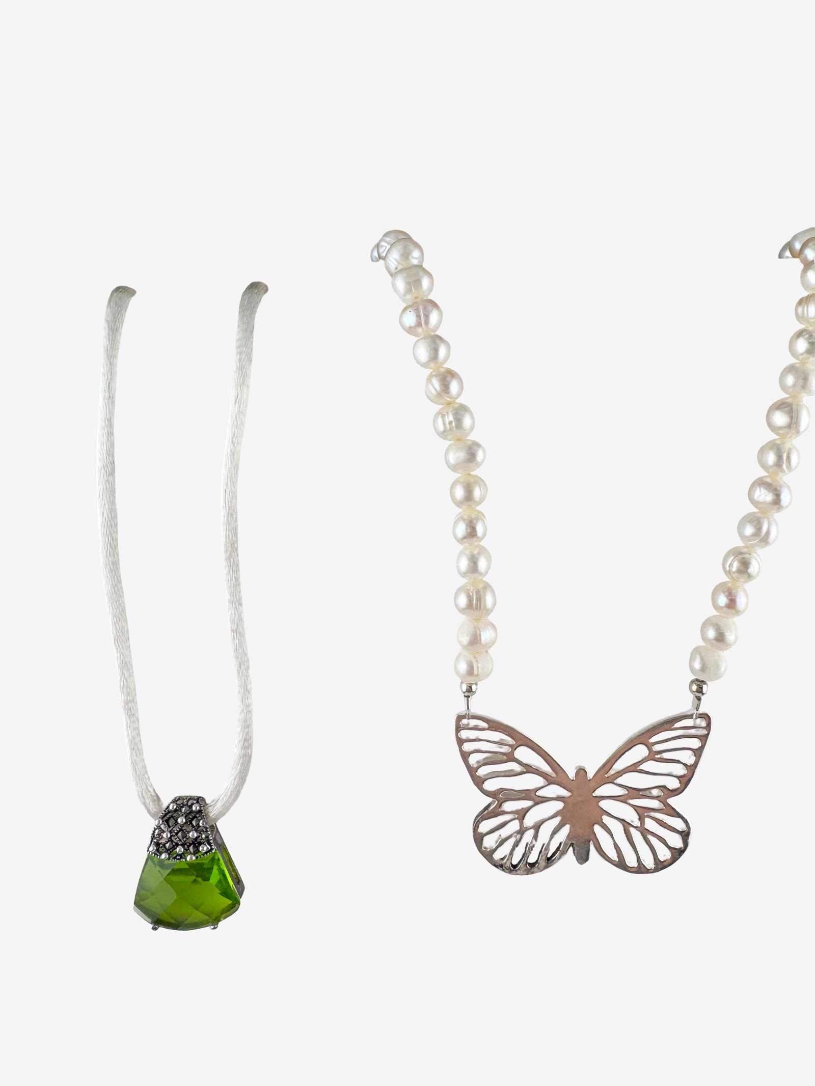 Vintage Sterling Silver Necklace Lot Ð Green Stone Pendant & Pearl Butterfly Necklace 14Ó - 5