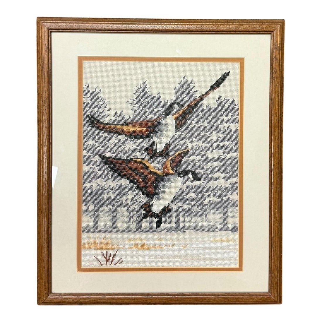 Vintage 1984 Framed Monarch Horizons Canada Geese Counted Cross Stitch: Vintage cross-stitch needlepoint from my personal collection. This is my own handiwork completed and framed 1980's. Pattern: Monarch Horizons Roger Reinardy Canada Geese Needlepoint 1984 Canadian