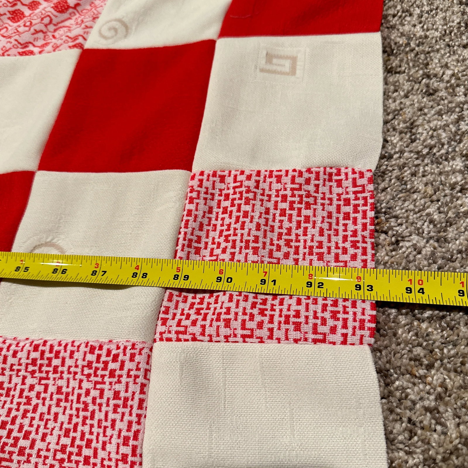 Vintage Knit Textile Red Cream Floral Diamond Checkerboard Quilt Top - 11
