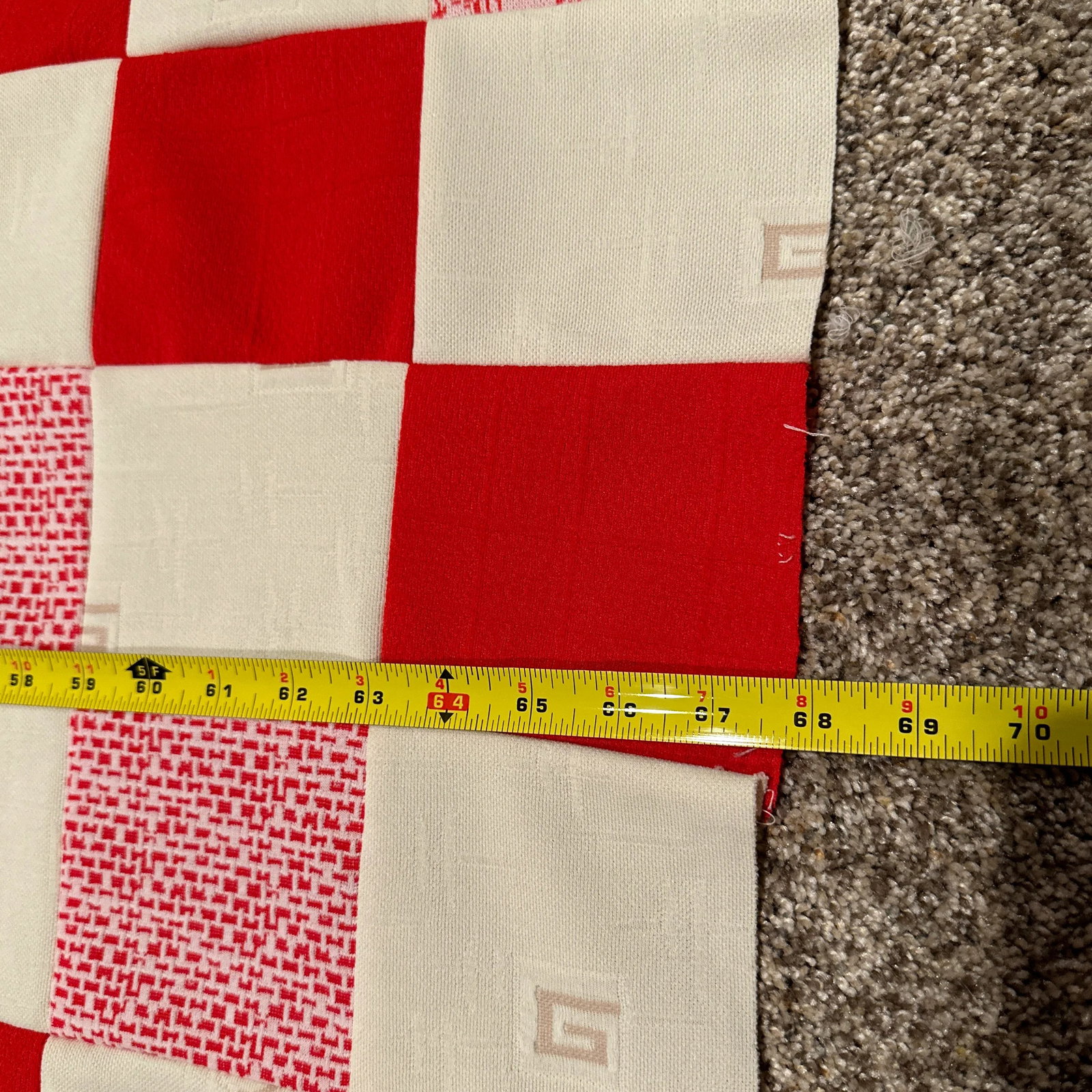 Vintage Knit Textile Red Cream Floral Diamond Checkerboard Quilt Top - 12
