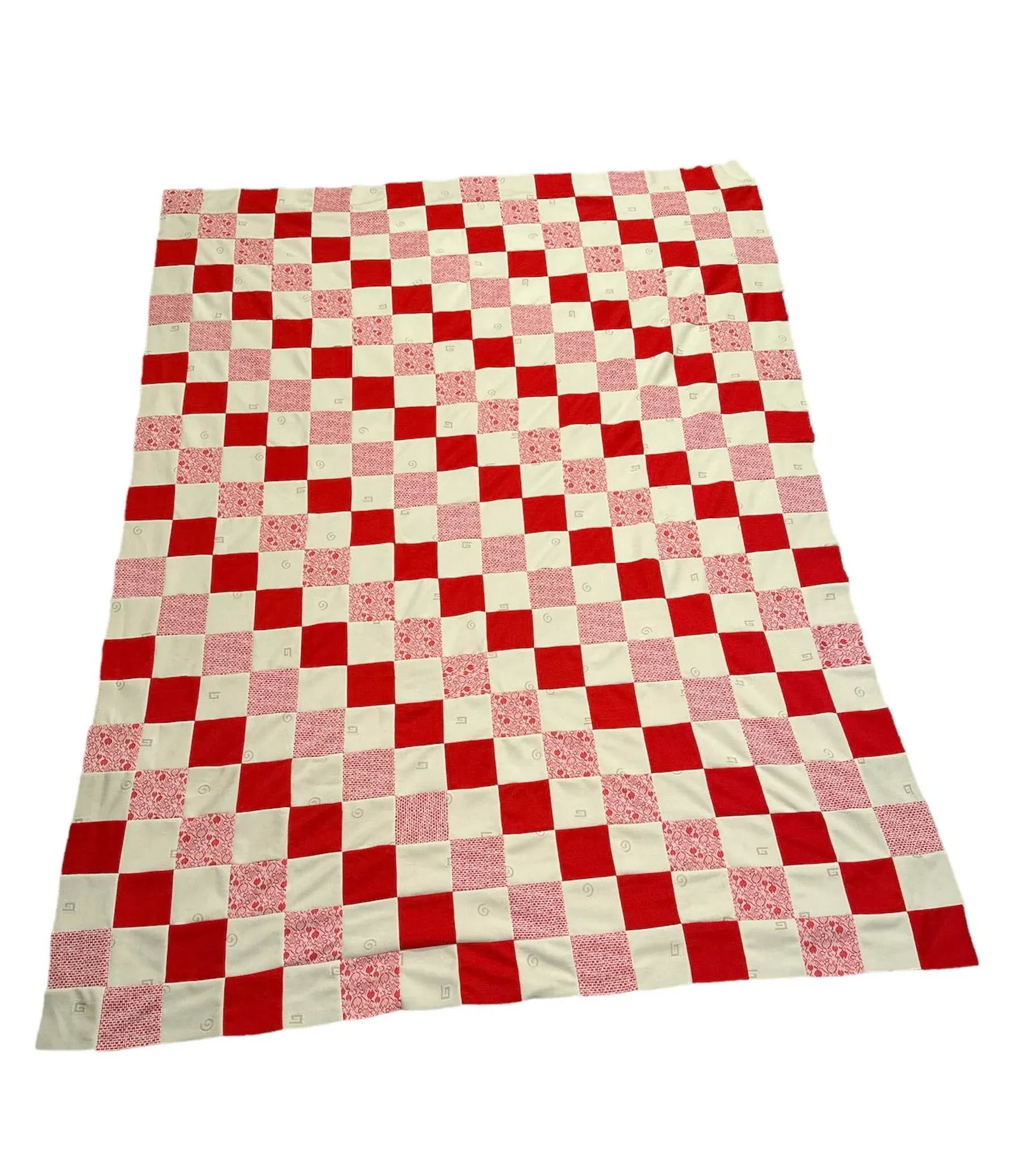 Vintage Knit Textile Red Cream Floral Diamond Checkerboard Quilt Top - 13