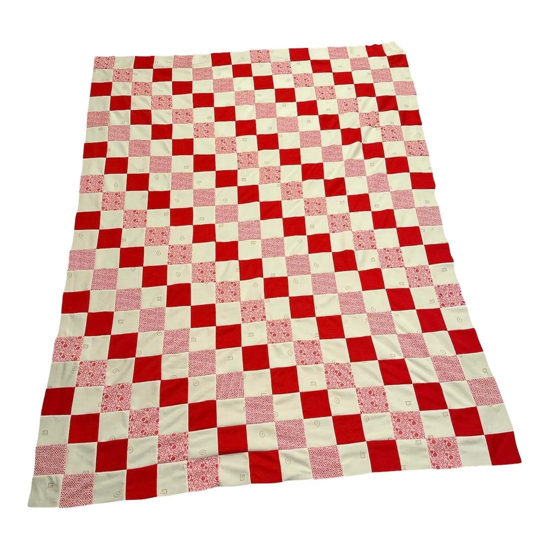 Vintage Knit Textile Red Cream Floral Diamond Checkerboard Quilt Top (1 of 13)