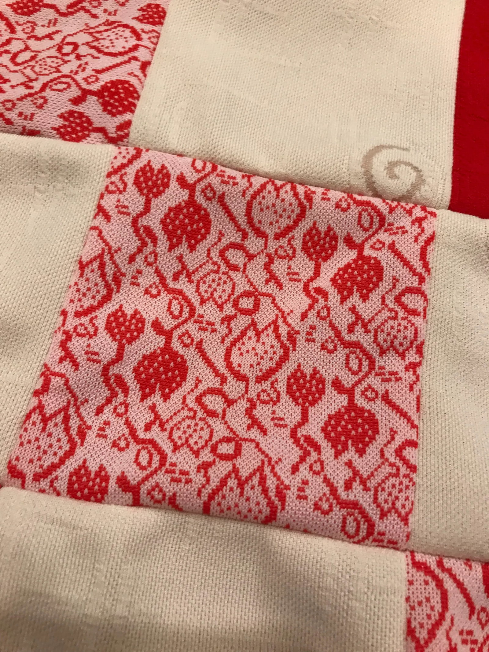 Vintage Knit Textile Red Cream Floral Diamond Checkerboard Quilt Top - 3