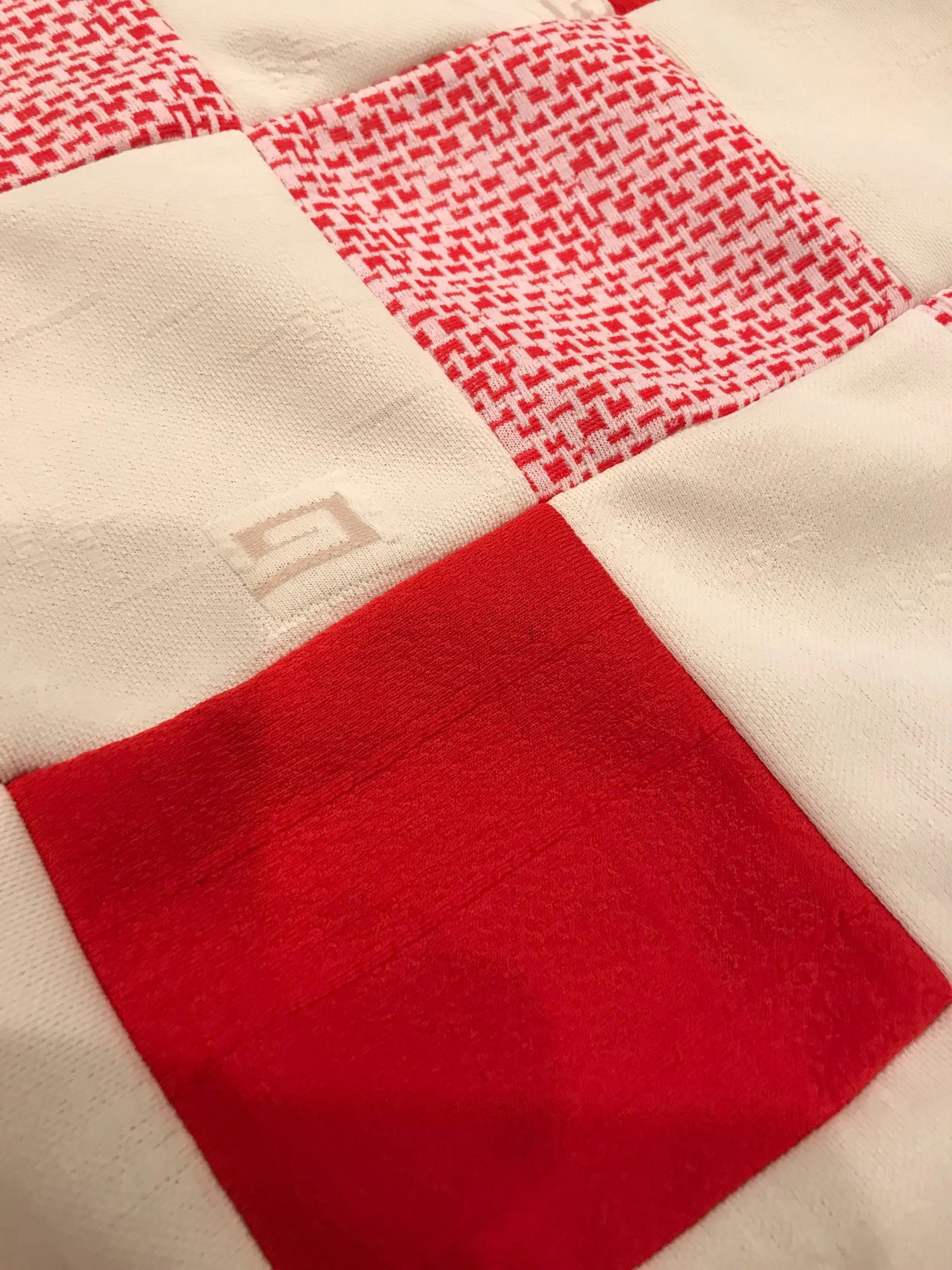 Vintage Knit Textile Red Cream Floral Diamond Checkerboard Quilt Top - 5