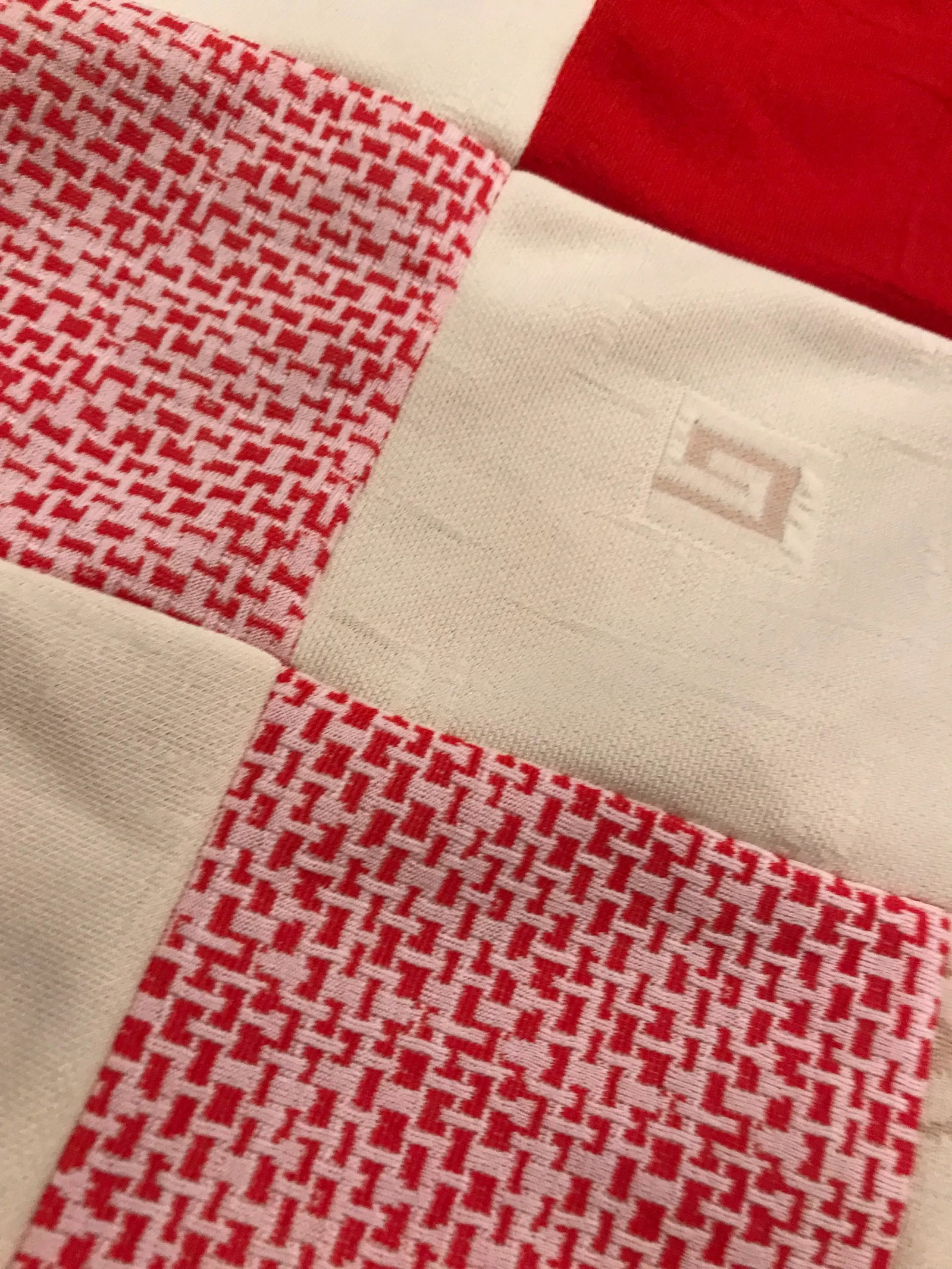 Vintage Knit Textile Red Cream Floral Diamond Checkerboard Quilt Top - 6