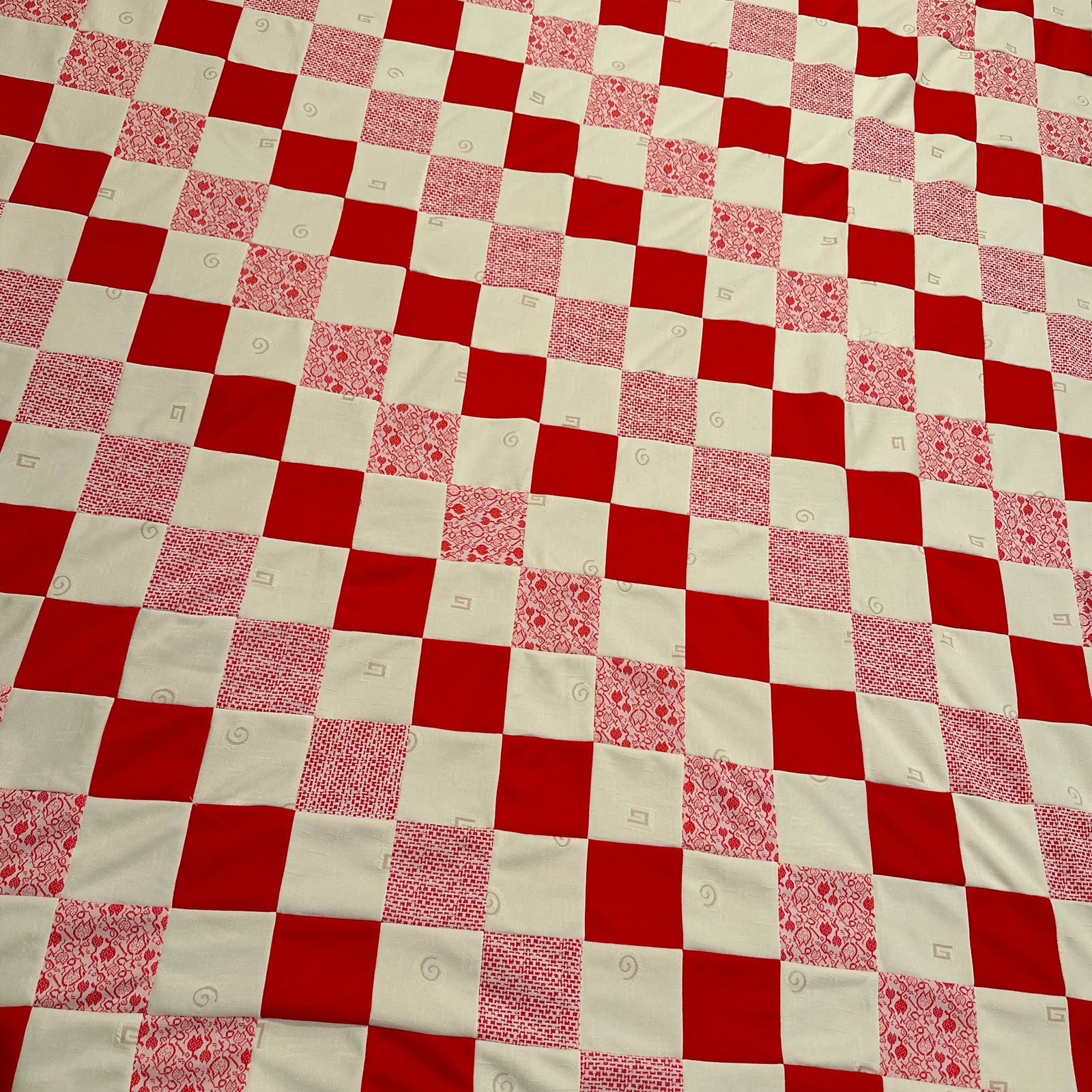Vintage Knit Textile Red Cream Floral Diamond Checkerboard Quilt Top - 7