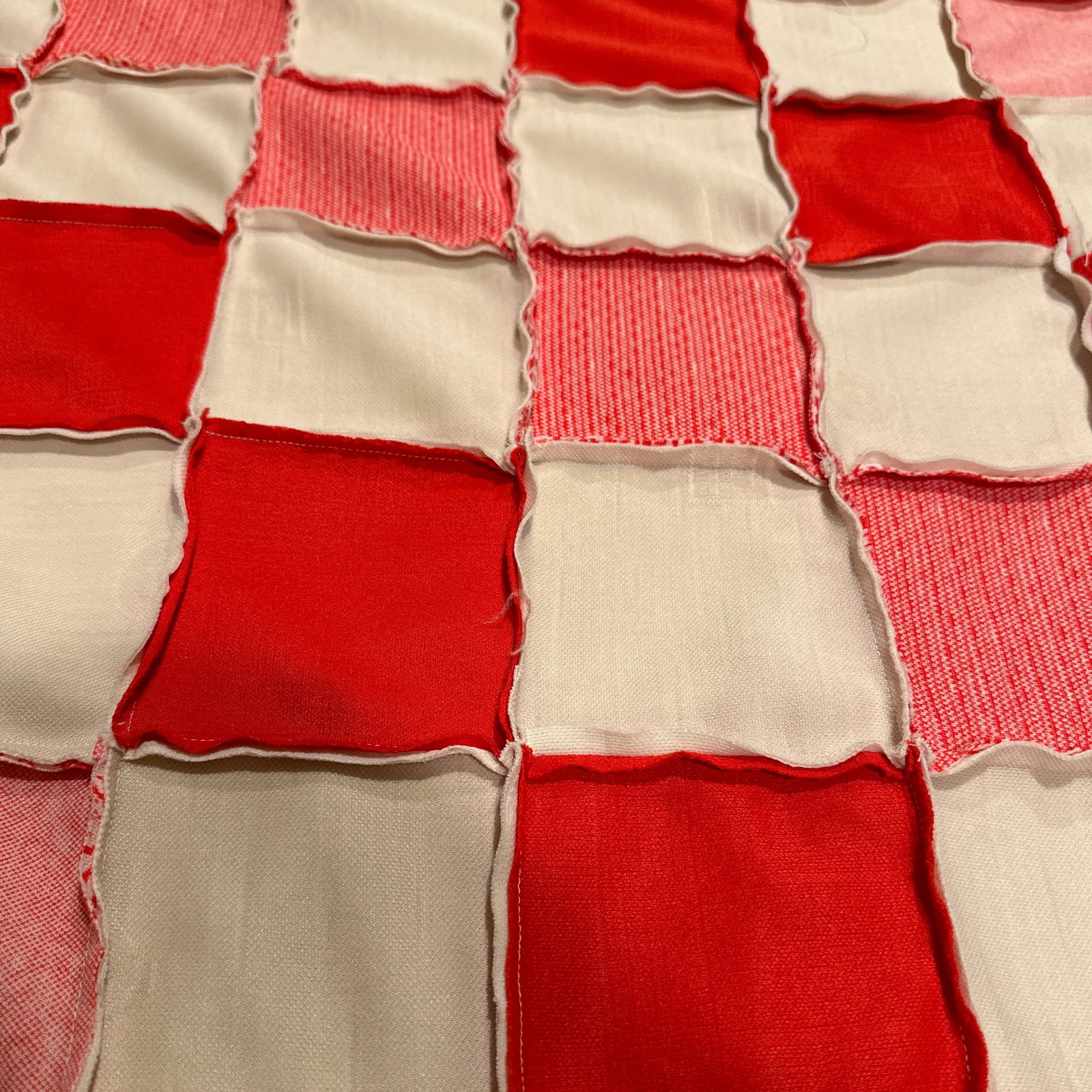 Vintage Knit Textile Red Cream Floral Diamond Checkerboard Quilt Top - 8