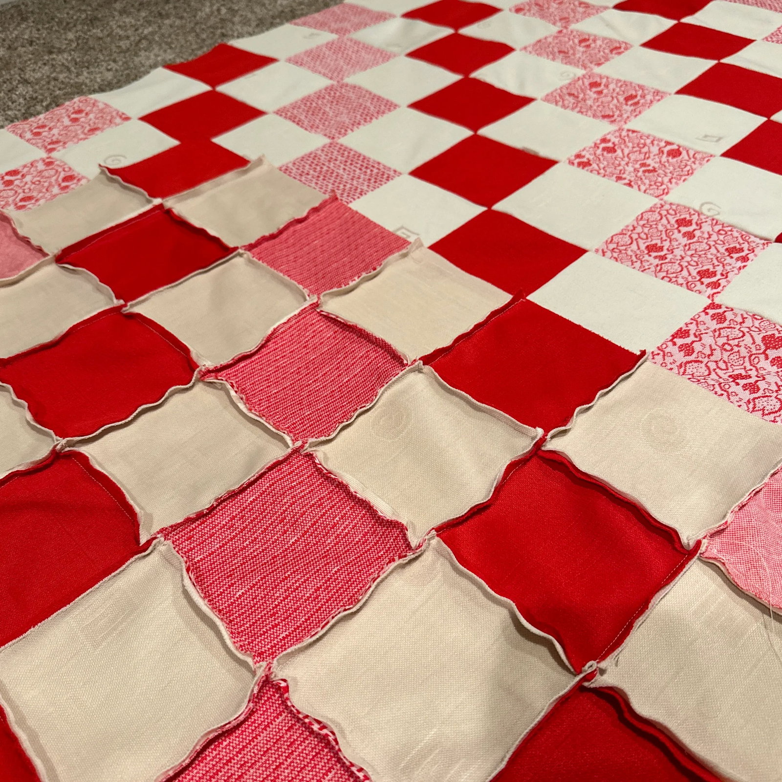 Vintage Knit Textile Red Cream Floral Diamond Checkerboard Quilt Top - 9