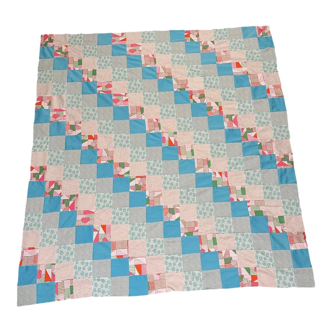 Vintage Mid 20th Century Knit Fabric Blues Pinks Quilt Top Only: Vintage quilted top ready for the batting and backing to complete. Most of the hours have been put in! Bright blues and strawberry red textiles make up this handiwork diamond pattern quilt top. Beauti