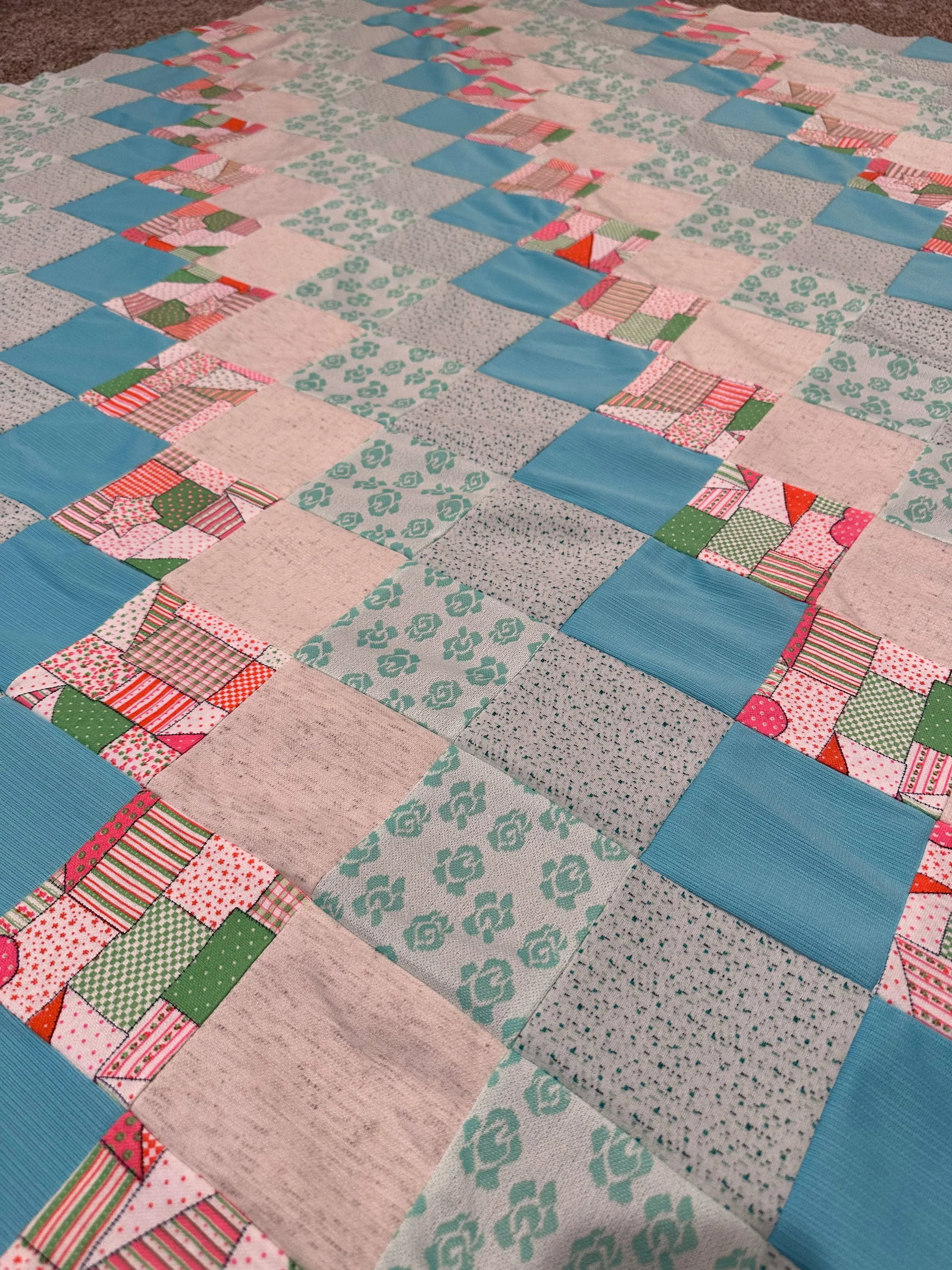 Vintage Mid 20th Century Knit Fabric Blues Pinks Quilt Top Only - 2