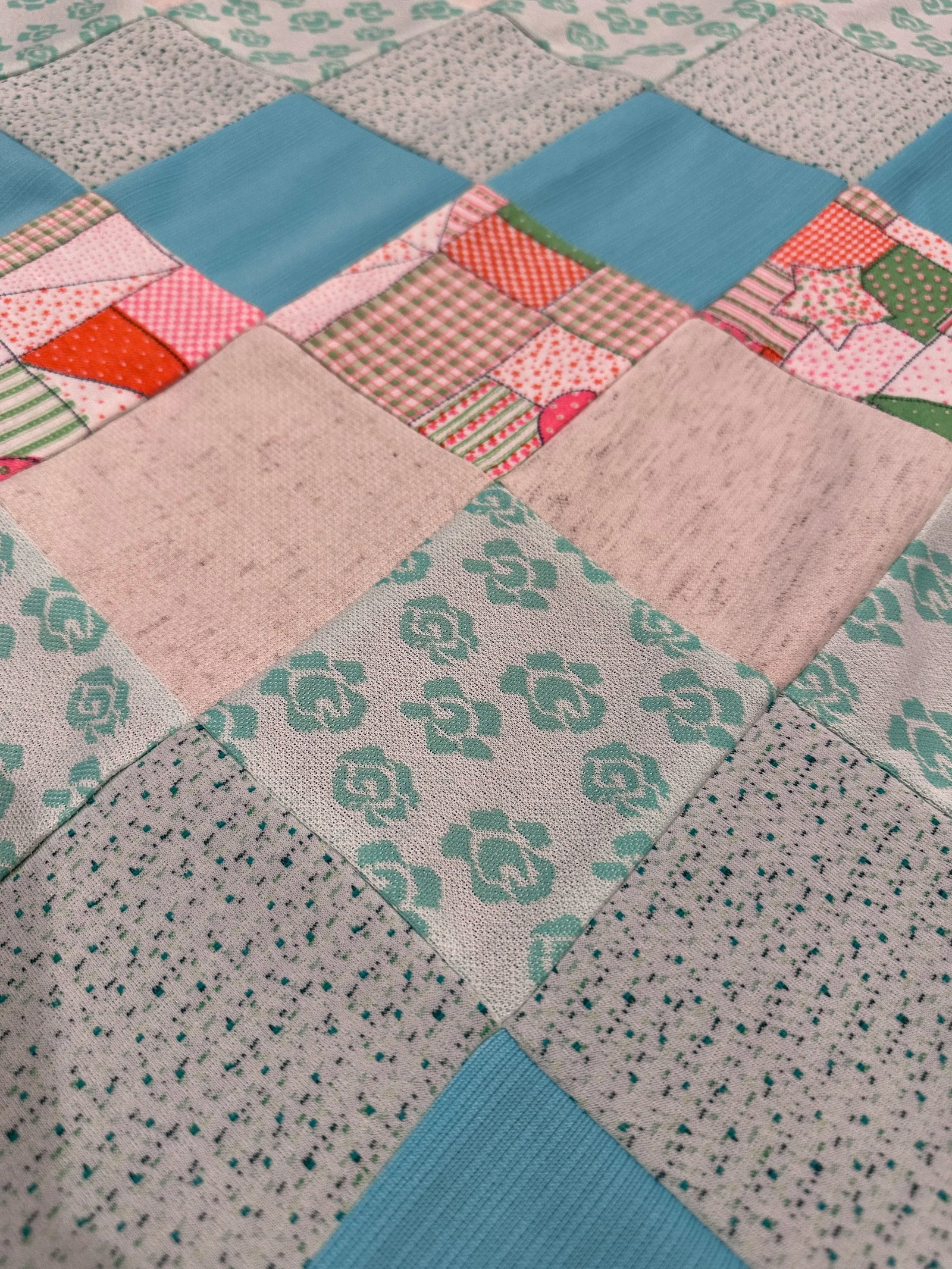 Vintage Mid 20th Century Knit Fabric Blues Pinks Quilt Top Only - 3