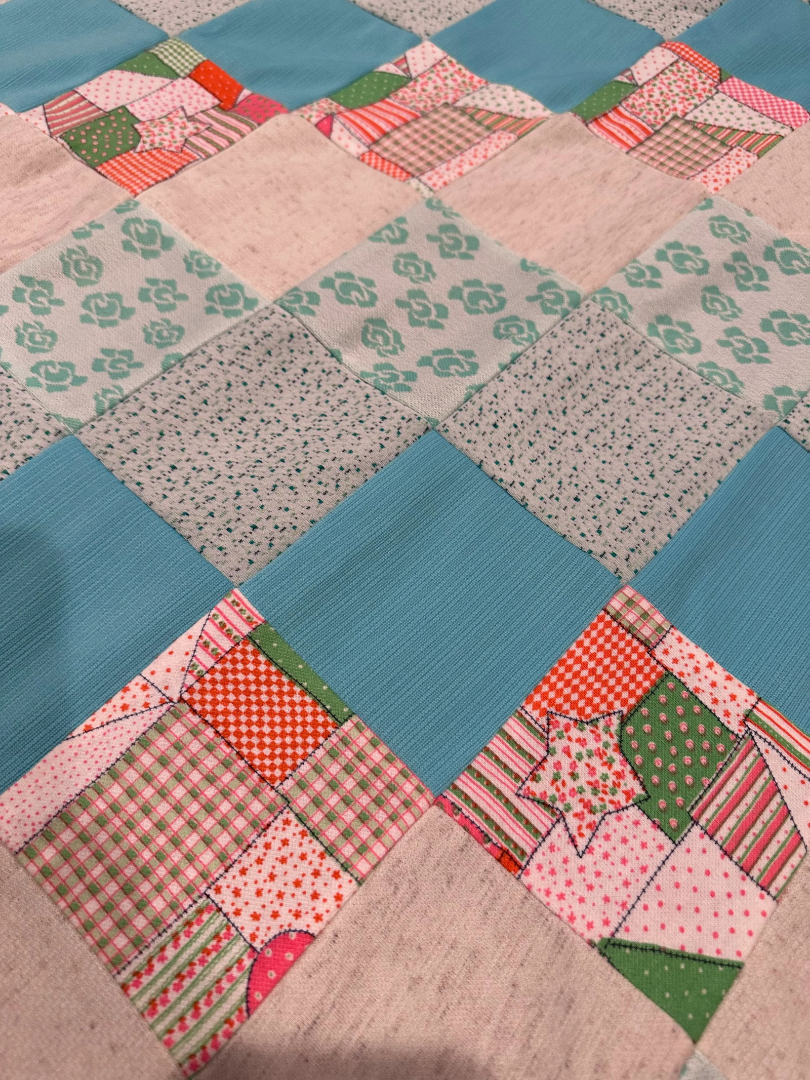 Vintage Mid 20th Century Knit Fabric Blues Pinks Quilt Top Only - 4