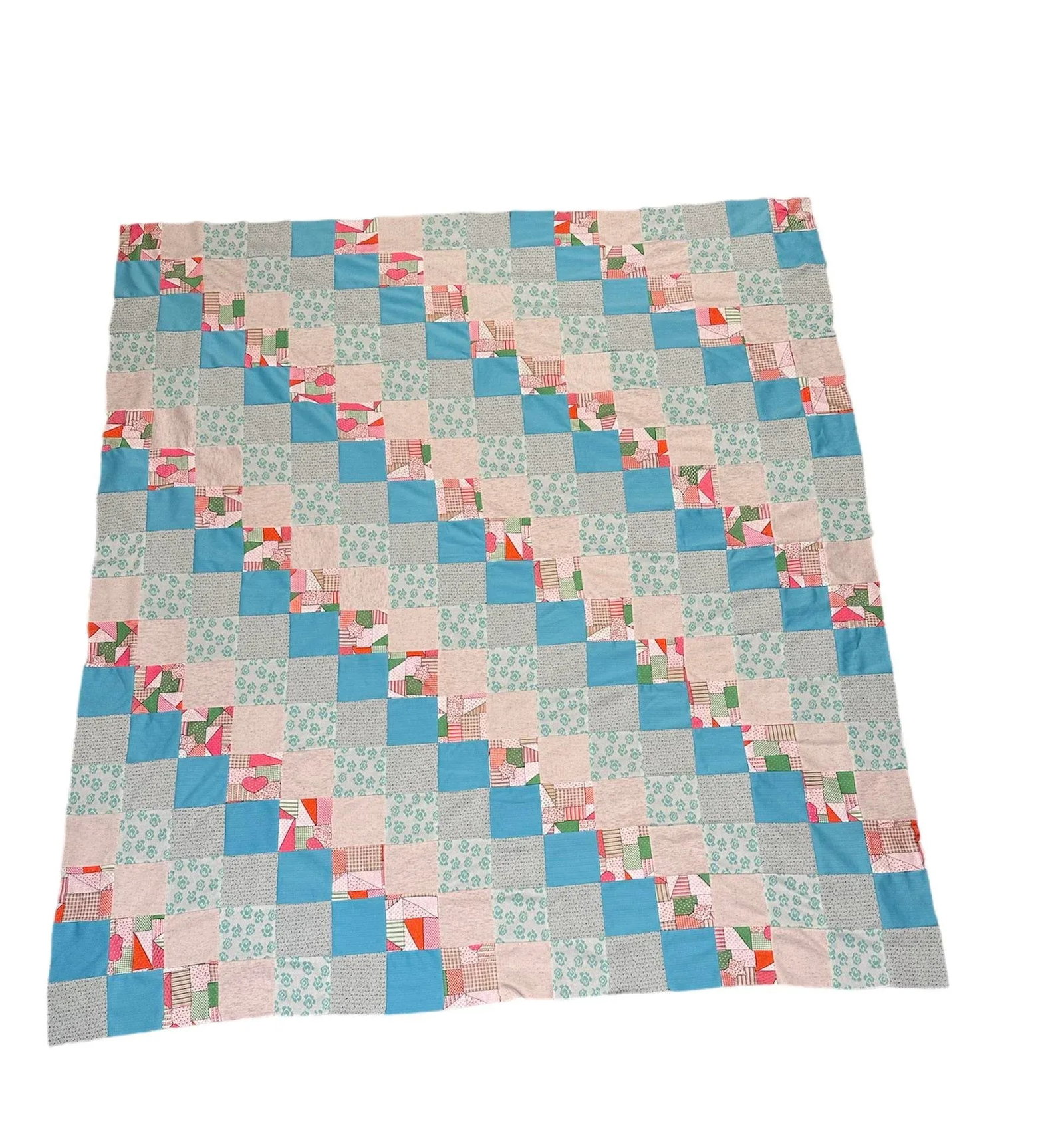 Vintage Mid 20th Century Knit Fabric Blues Pinks Quilt Top Only - 9